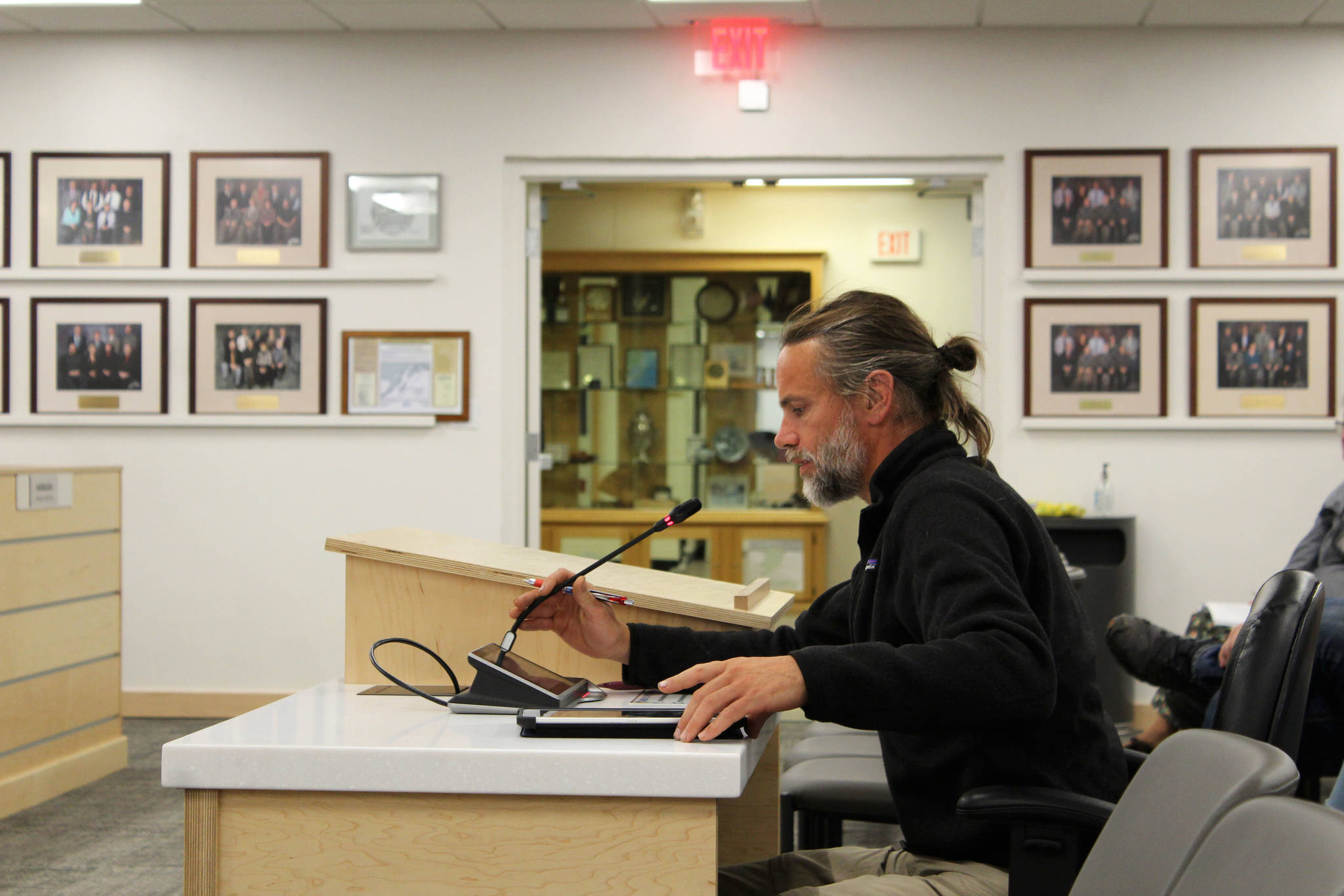 Kenai Peninsula Borough Land Management Offficer Marcus Mueller testifies before the Kenai Peninsula Borough Assembly on Tuesday, July 6, 2021 in Soldotna, Alaska. (Ashlyn O’Hara/Peninsula Clarion)