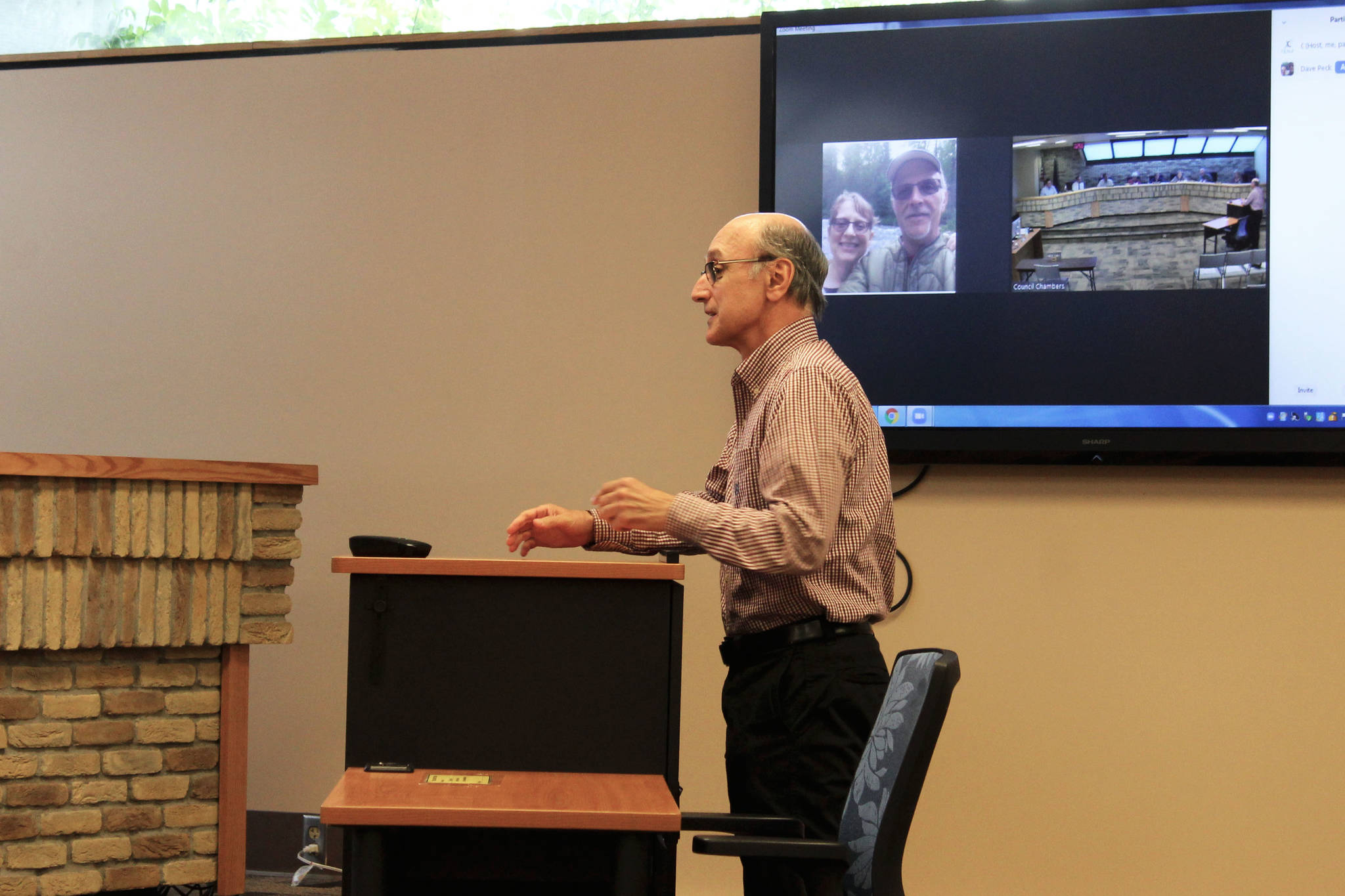 Triumvirate Theatre President Joe Rizzo testifies before the Kenai City Council on Wednesday, July 7, 2021 in Kenai, Alaska. (Ashlyn O’Hara/Peninsula Clarion)