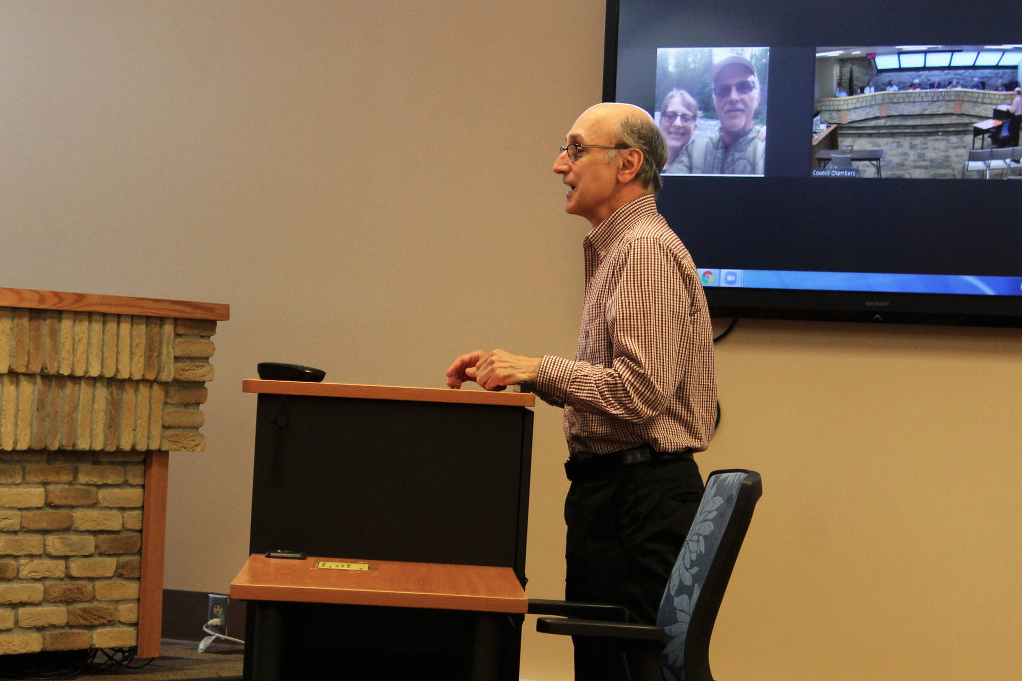 Triumvirate Theatre President Joe Rizzo testifies before the Kenai City Council on Wednesday, July 7, 2021 in Kenai, Alaska. (Ashlyn O’Hara/Peninsula Clarion)