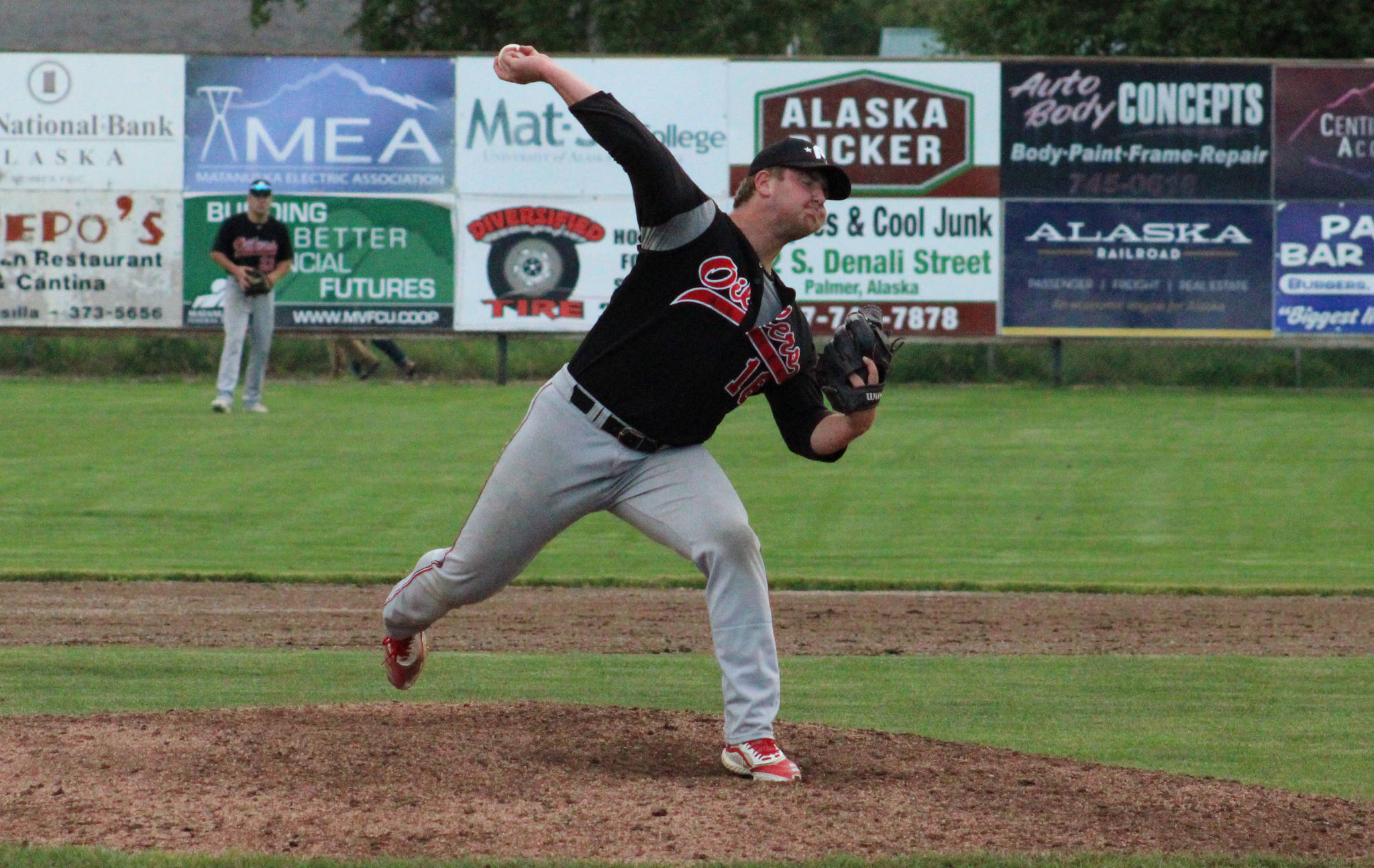 Peninsula Oilers pitcher Jacob Dillon delivers to the Mat-Su Miners on Thursday, July 8, 2021, at Hermon Brothers Field in Palmer, Alaska. (Photo by Tim Rockey/Frontiersman)