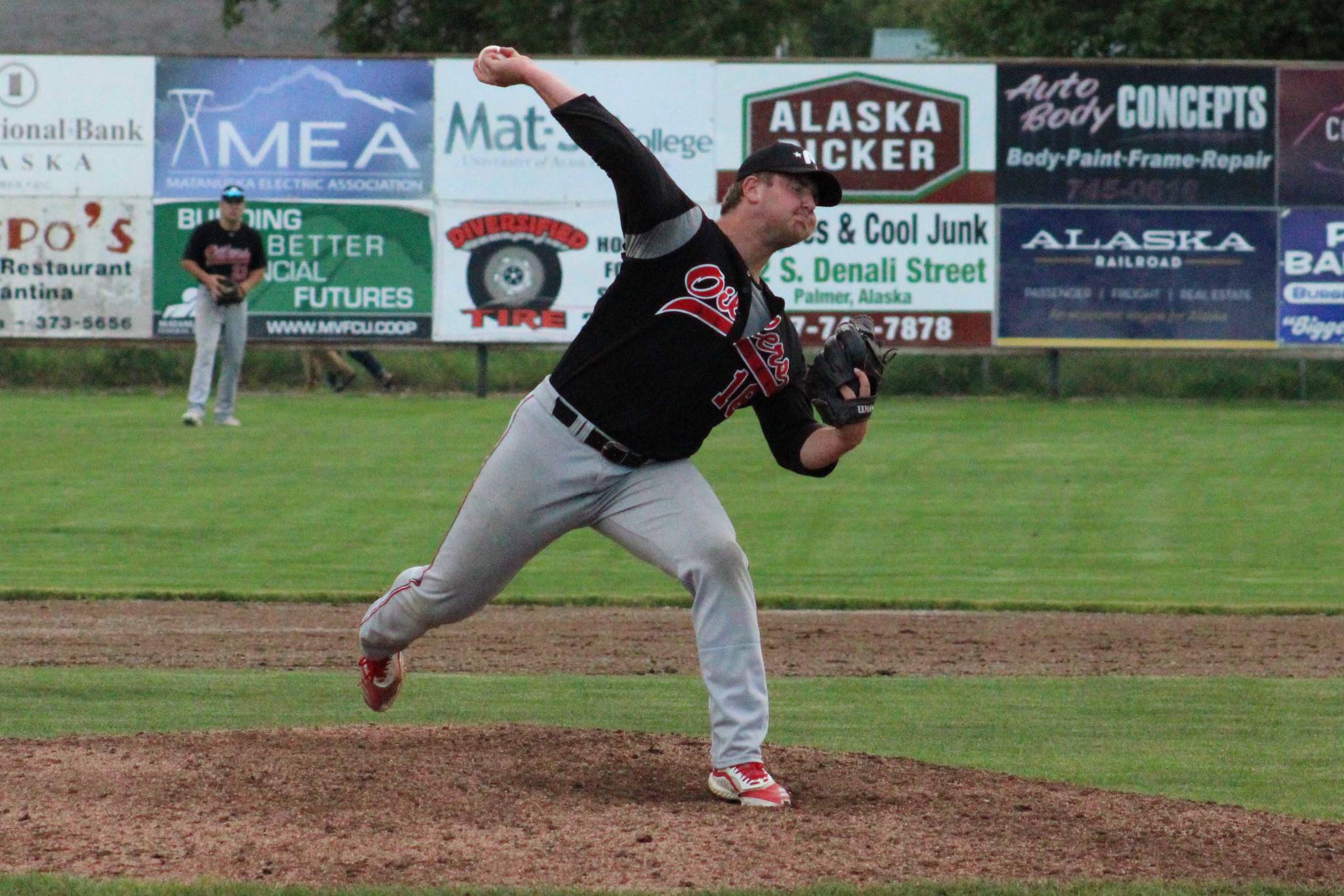 Peninsula Oilers pitcher Jacob Dillon delivers to the Mat-Su Miners on Thursday, July 8, 2021, at Hermon Brothers Field in Palmer, Alaska. (Photo by Tim Rockey/Frontiersman)