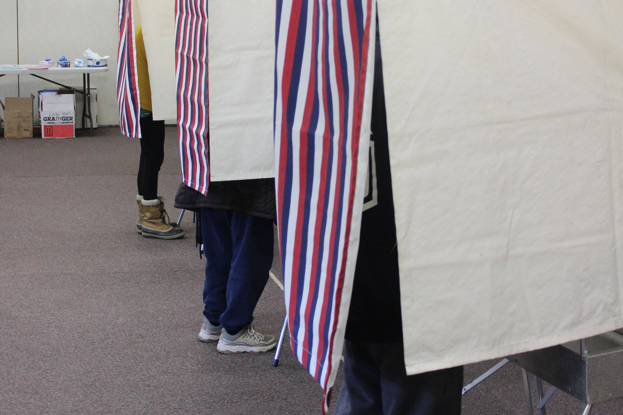 Voters fill out ballots in voting booths at the Soldotna Regional Sports Complex on Tuesday, Nov. 3, 2020, in Soldotna, Alaska. (Photo by Ashlyn O’Hara/Peninsula Clarion)