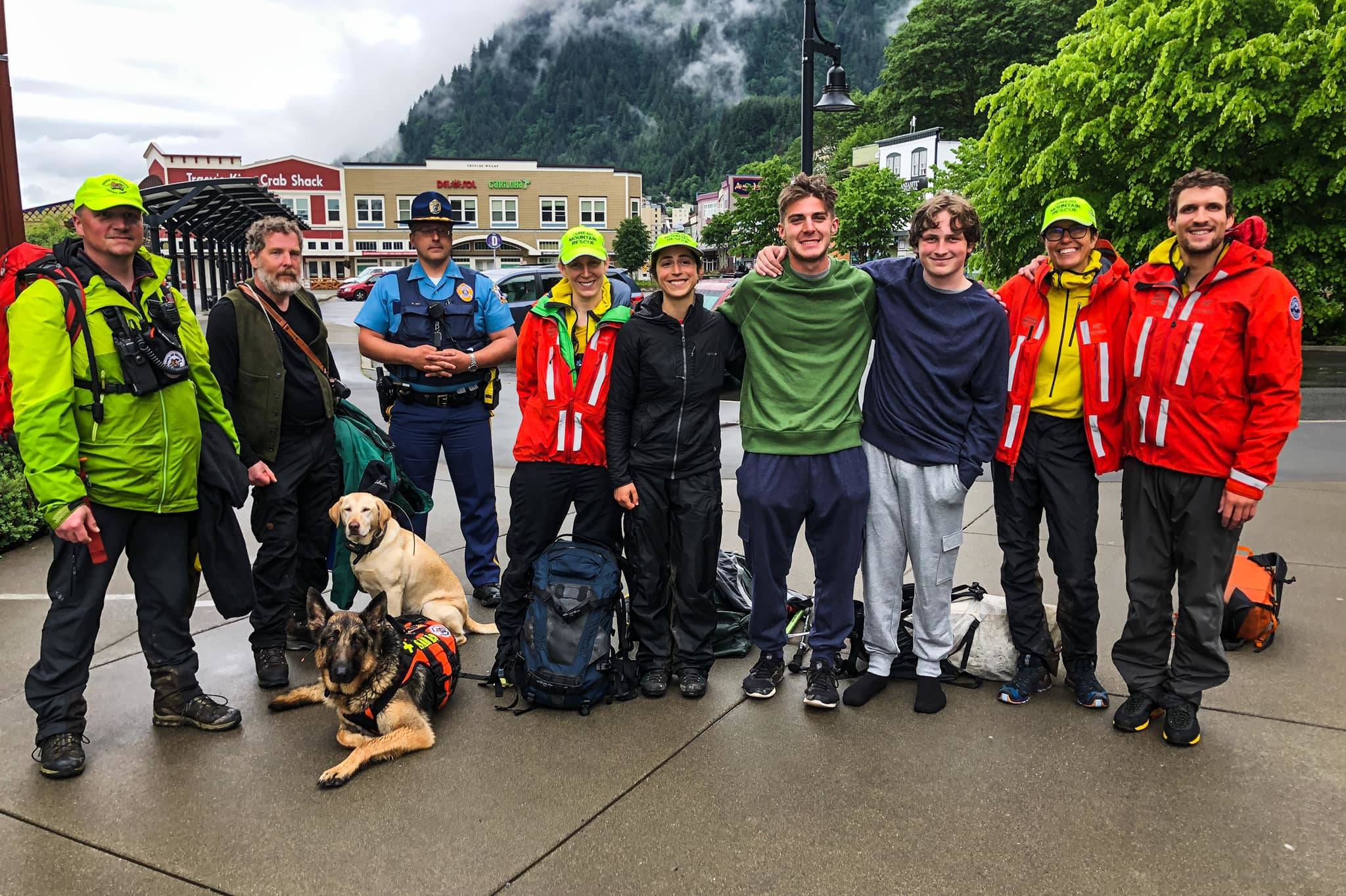 Two hikers, third and fourth from the right, were rescued after being stranded on Mt. Roberts Wednesday evening by rapidly changing weather. (Courtesy photo / Juneau Mountain Rescue)