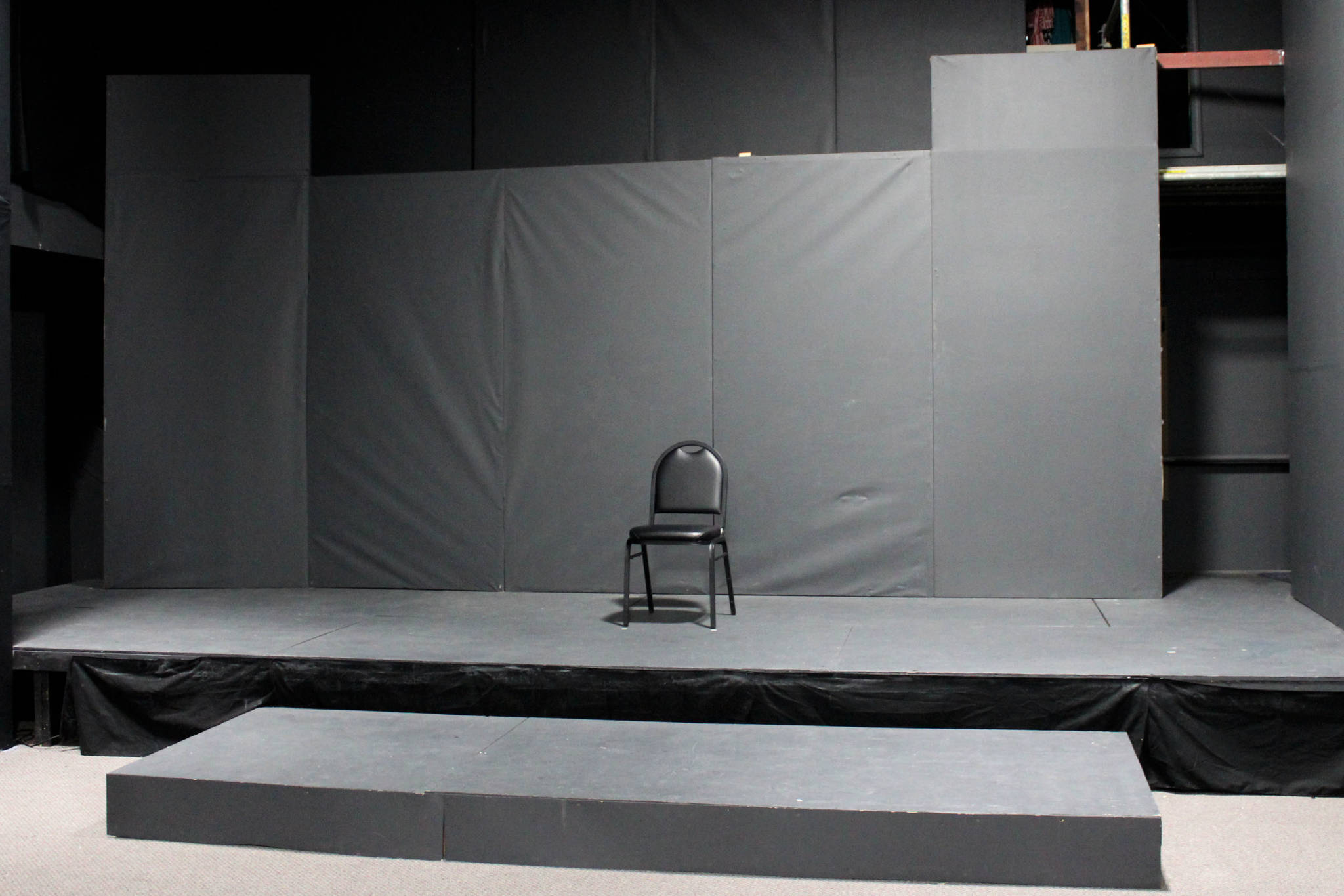 The stage for "Grounded" is seen inside of the Kenai Performers’ black box theatre on Monday, March 15 in Soldotna, Alaska. (Ashlyn O’Hara/Peninsula Clarion)