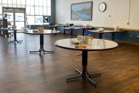 Tables in the dining room of the Heritage Place Skilled Nursing facility are arranged for social distancing. (Photo courtesy Sandi Crawford)