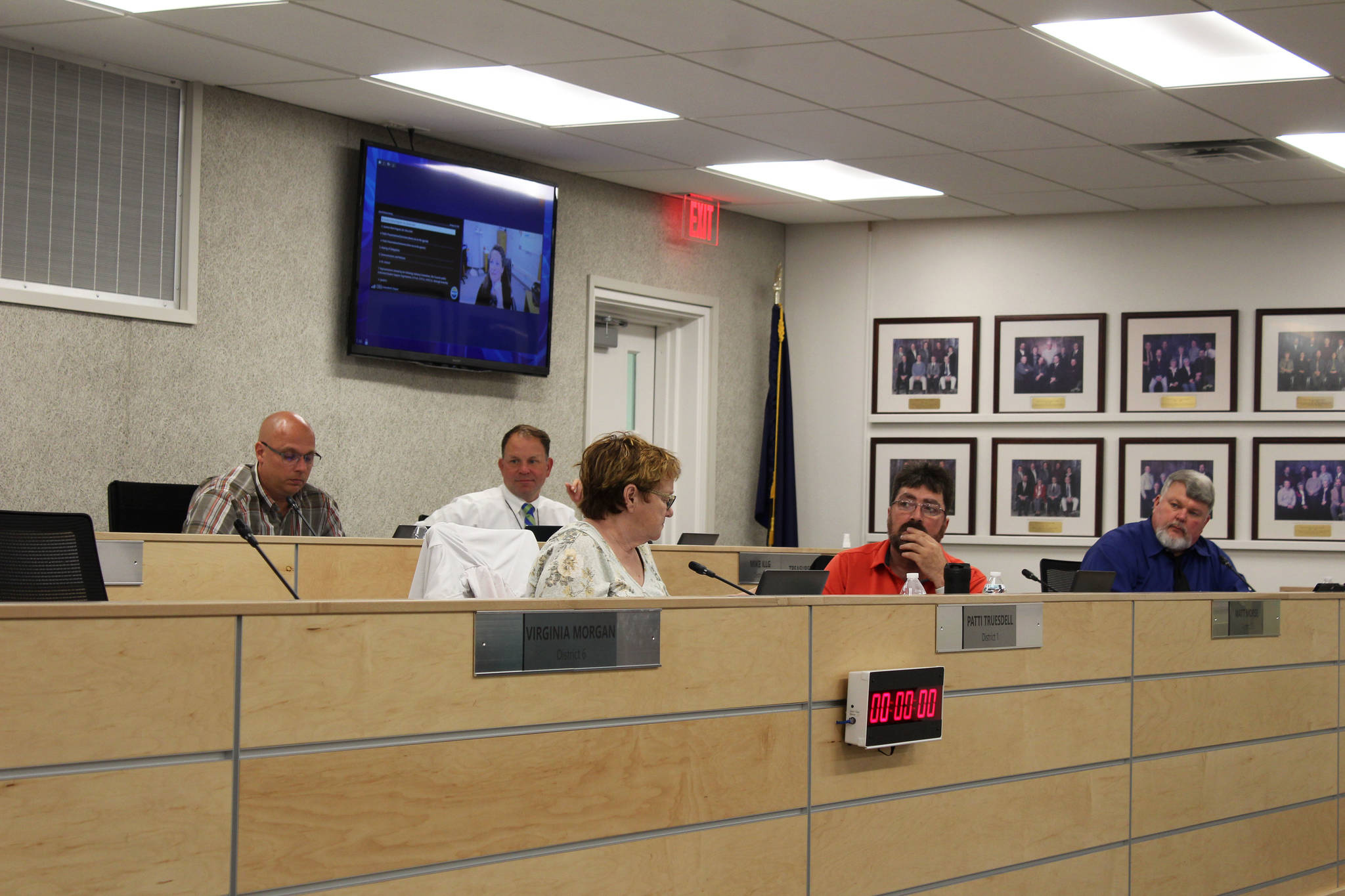 Members of the Kenai Peninsula Borough School District Board of Education attend a meeting on Monday, July 12, 2021 in Soldotna, Alaska. (Ashlyn O’Hara/Peninsula Clarion)