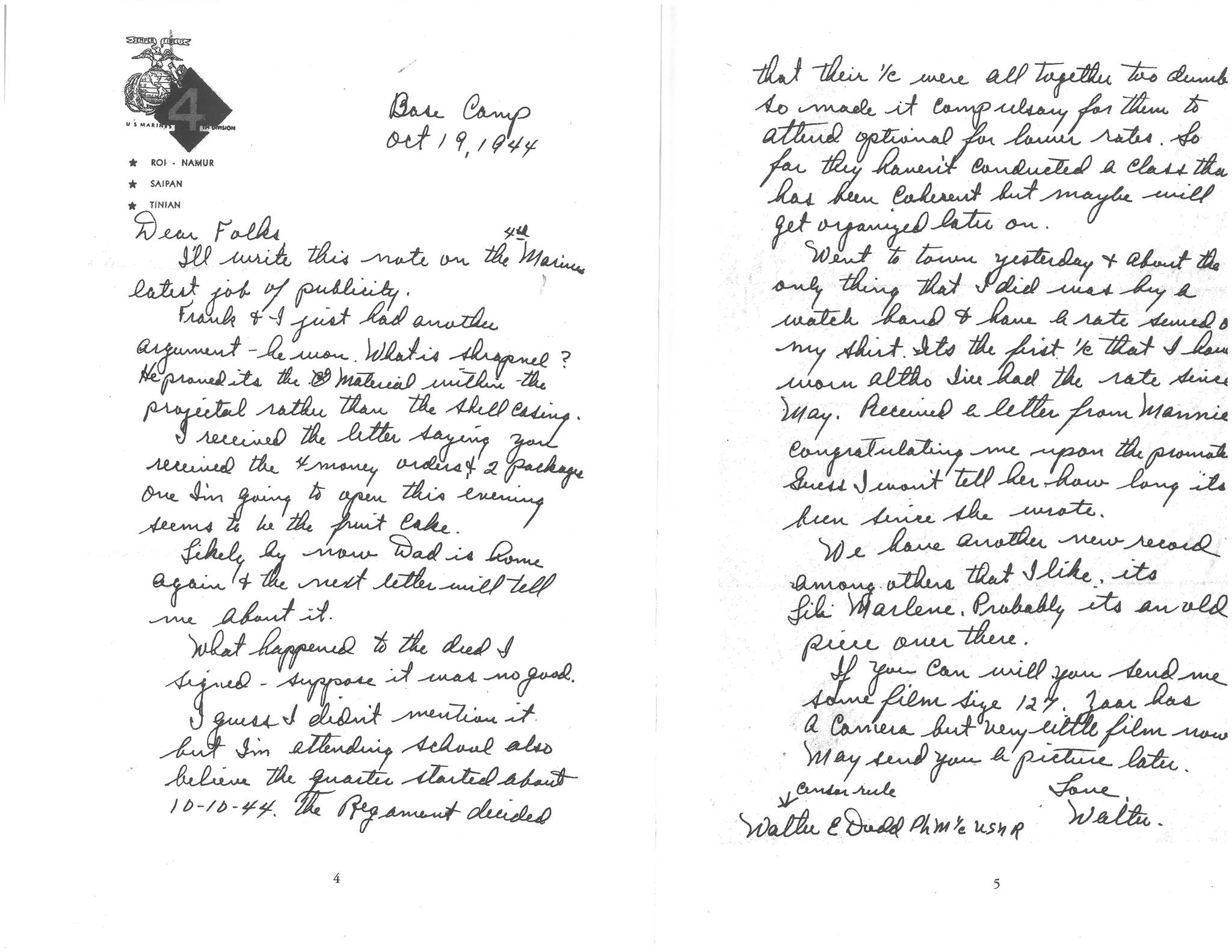 One of the letters Walter Dodd wrote to his mother during his service as a U.S. Navy corpsman attached to the U.S. Marine Corps 4th Division. The stars in the letterhead show the battles fought by the division. The Marines would later fight at Iwo Jima. (Photo courtesy Doug Dodd)