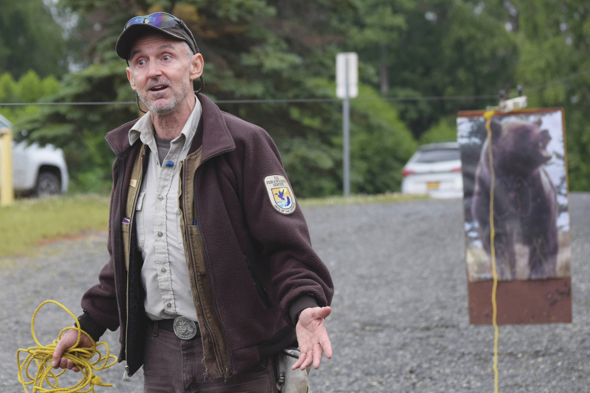 Kenai National Wildlife Refuge Ranger Scott Slavik speaks about bear safety during a presentation at the Kenai National Wildlife Refuge Visitor Center on Tuesday, July 20, 2021, just outside of Soldotna, Alaska. (Camille Botello / Peninsula Clarion)