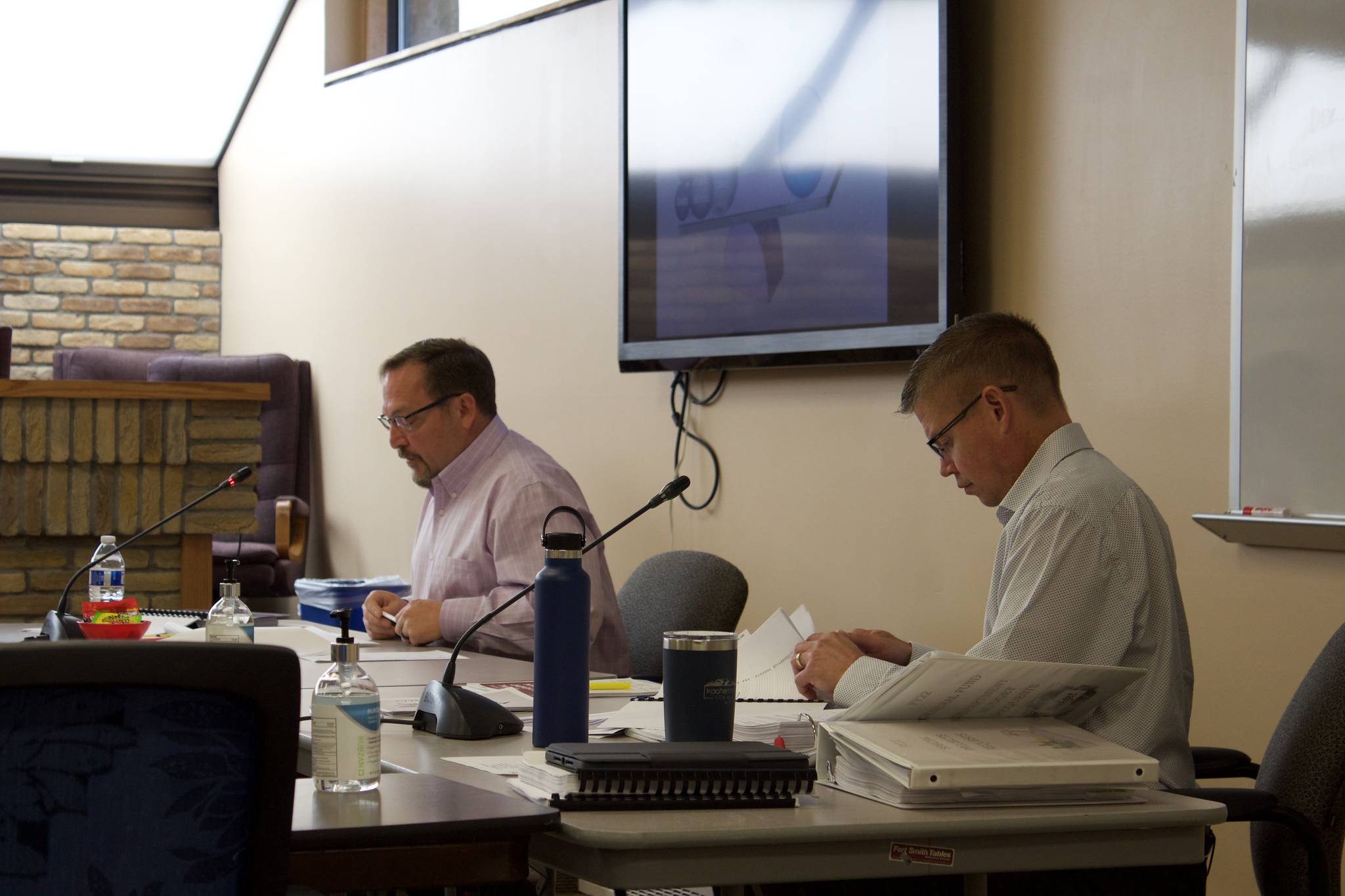 Terry Eubank (left) and Paul Ostrander (right) address the Kenai City Council during a budget work session on Saturday, April 24, 2021 in Kenai, Alaska. (Ashlyn O’Hara/Peninsula Clarion)