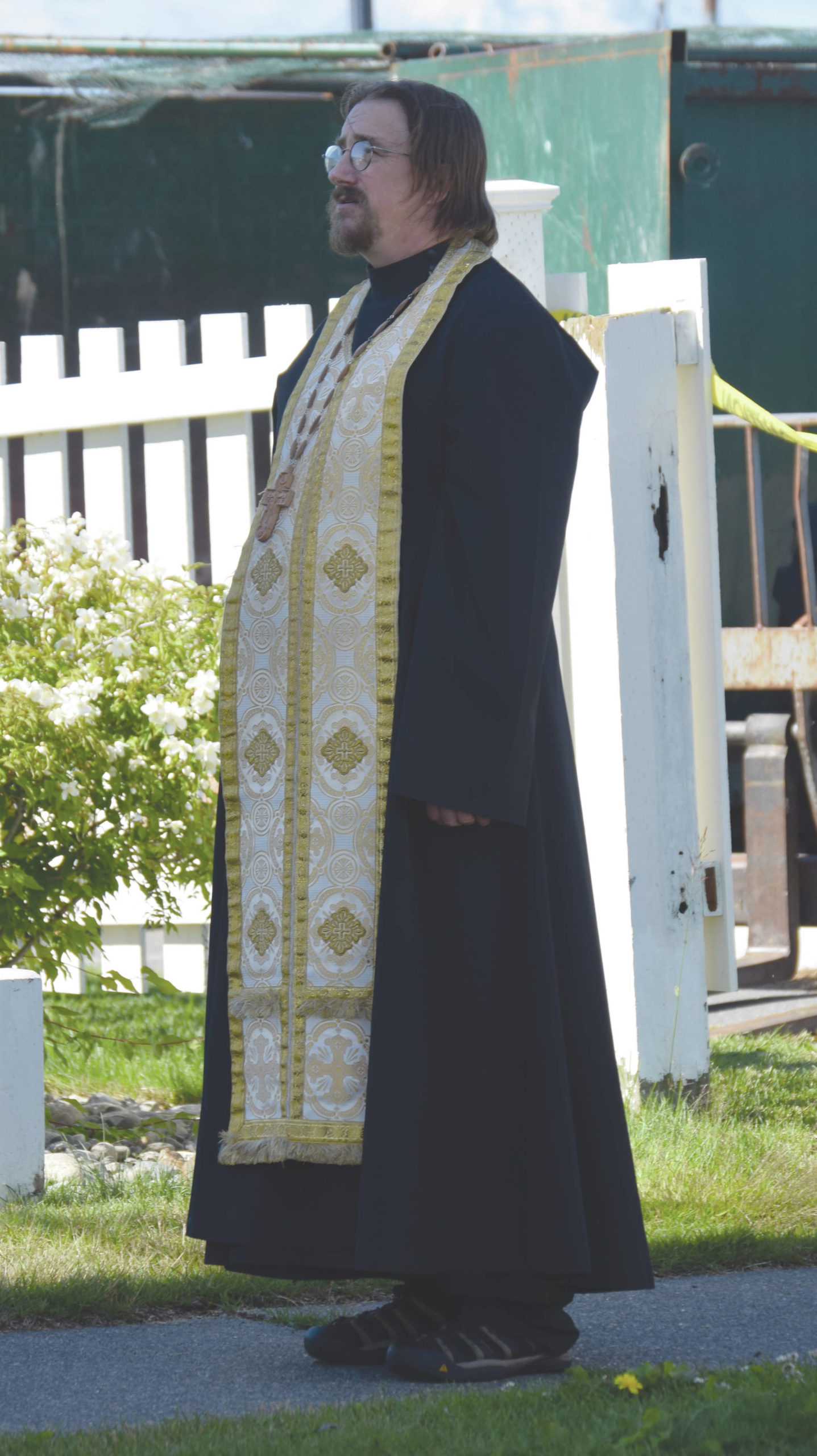 Father Peter Tobias gives a blessing for the improvement of the Holy Assumption of the Virgin Mary Russian Orthodox Church on Monday, July 20, 2020, in Kenai, Alaska. (Photo by Jeff Helminiak/Peninsula Clarion)