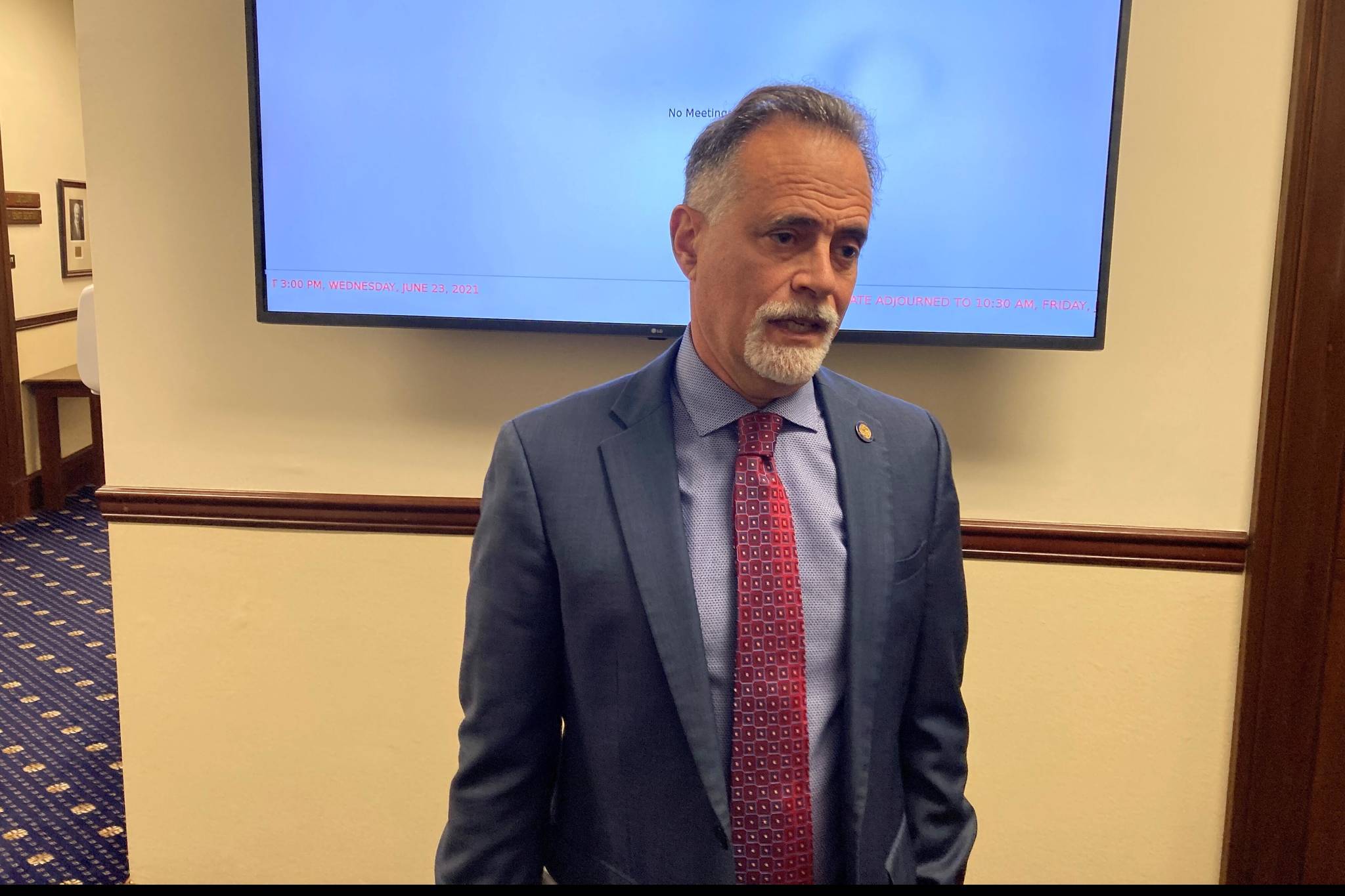 Alaska Senate President Peter Micciche speaks to reporters after a Senate floor session on the opening day of the second special legislative session on Wednesday, June 23, 2021, in Juneau, Alaska. Gov. Mike Dunleavy called the special session to address the budget. (AP Photo/Becky Bohrer)