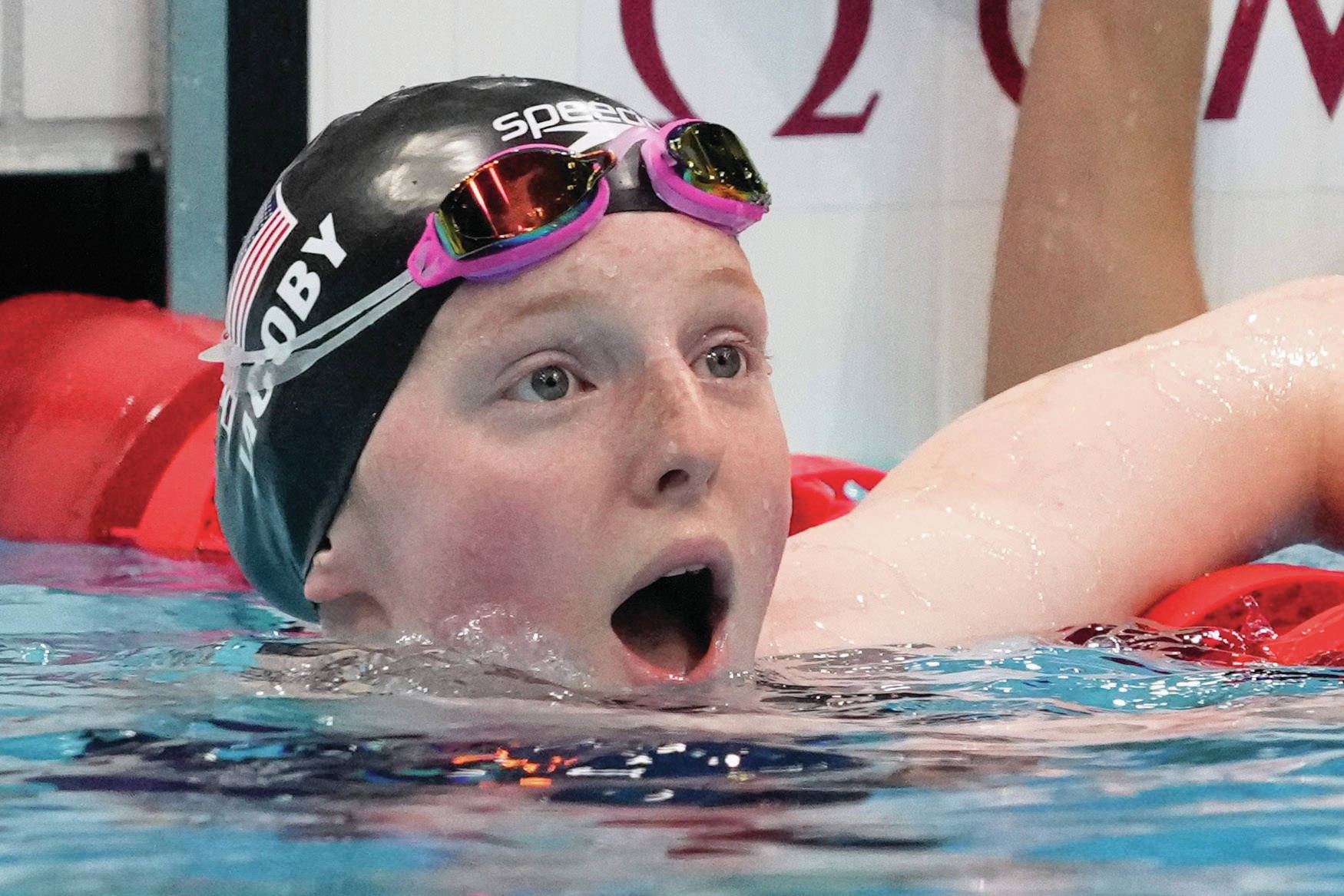 AP Photos / Petr David Josek 
Lydia Jacoby, of the United States, reacts Tuesday after winning the final of the women’s 100-meter breaststroke at the 2020 Summer Olympics in Tokyo.