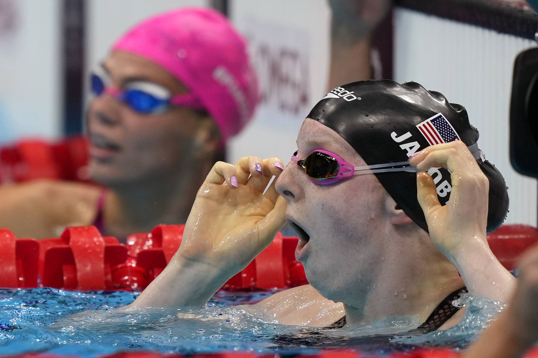 Lydia Jacoby of the United States, sees the results after winning the final of the women’s 100-meter breaststroke at the 2020 Summer Olympics, Tuesday, July 27, 2021, in Tokyo, Japan. (AP Photo / Martin Meissner)