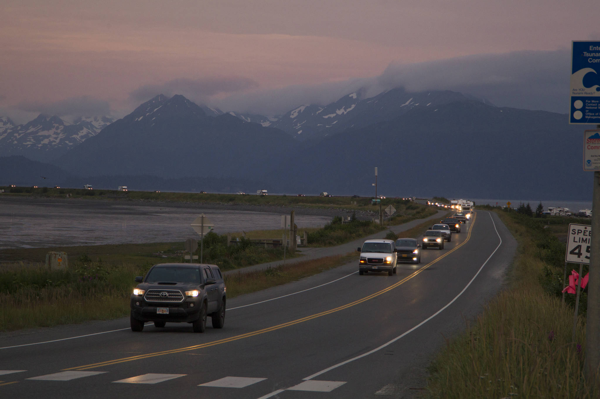 The Homer Spit is evacuated during the July 28 tsunami warning at about 10:50 p.m. (Photo by Sarah Knapp)