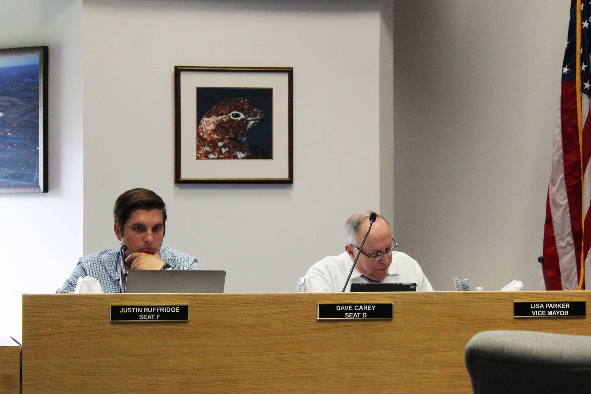 Justin Ruffridge and Dave Carrey attend a meeting of the Soldotna City Council on Wednesday, July 28, 2021 in Soldotna, Alaska. (Ashlyn O’Hara/Peninsula Clarion)