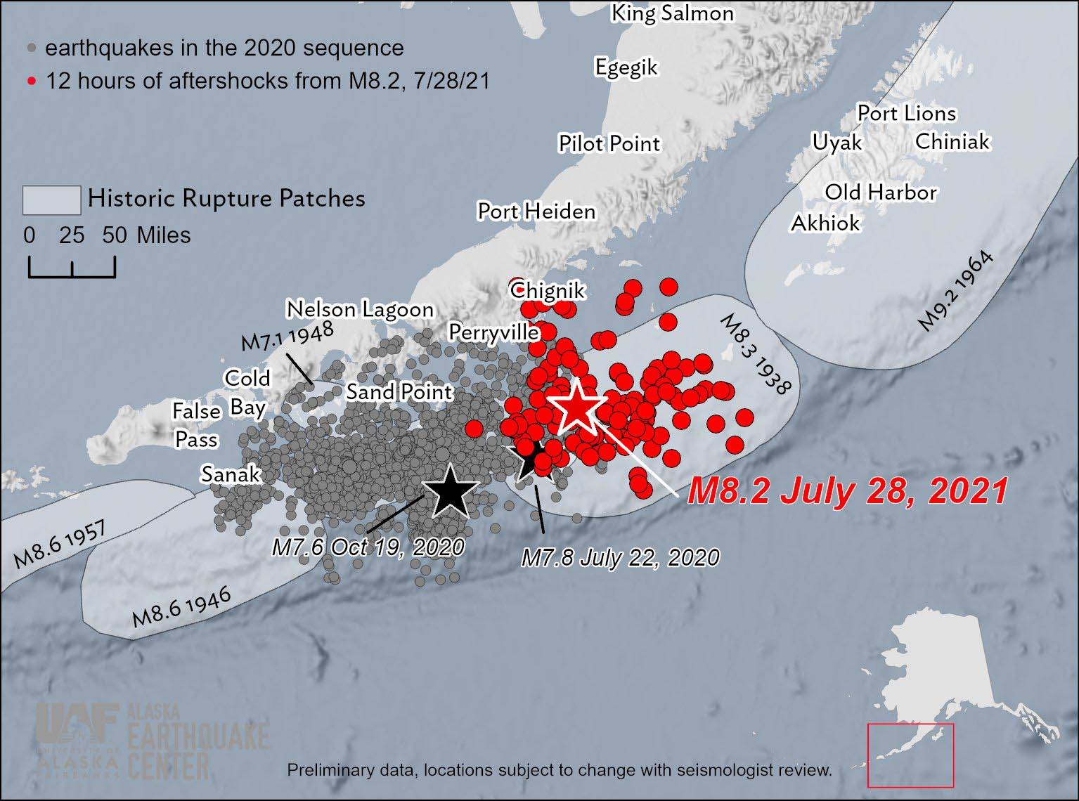 A graphic shared on the Alaska Earthquake Center’s Twitter feed shows the aftershocks of the magnitude 8.2 quake off the coast of Perryville, Alaska in red on July 28, 2021. The gray dots show the areas affected by earthquakes in 2020. (Photo courtesty of the Alaska Earthquake Center Twitter.)