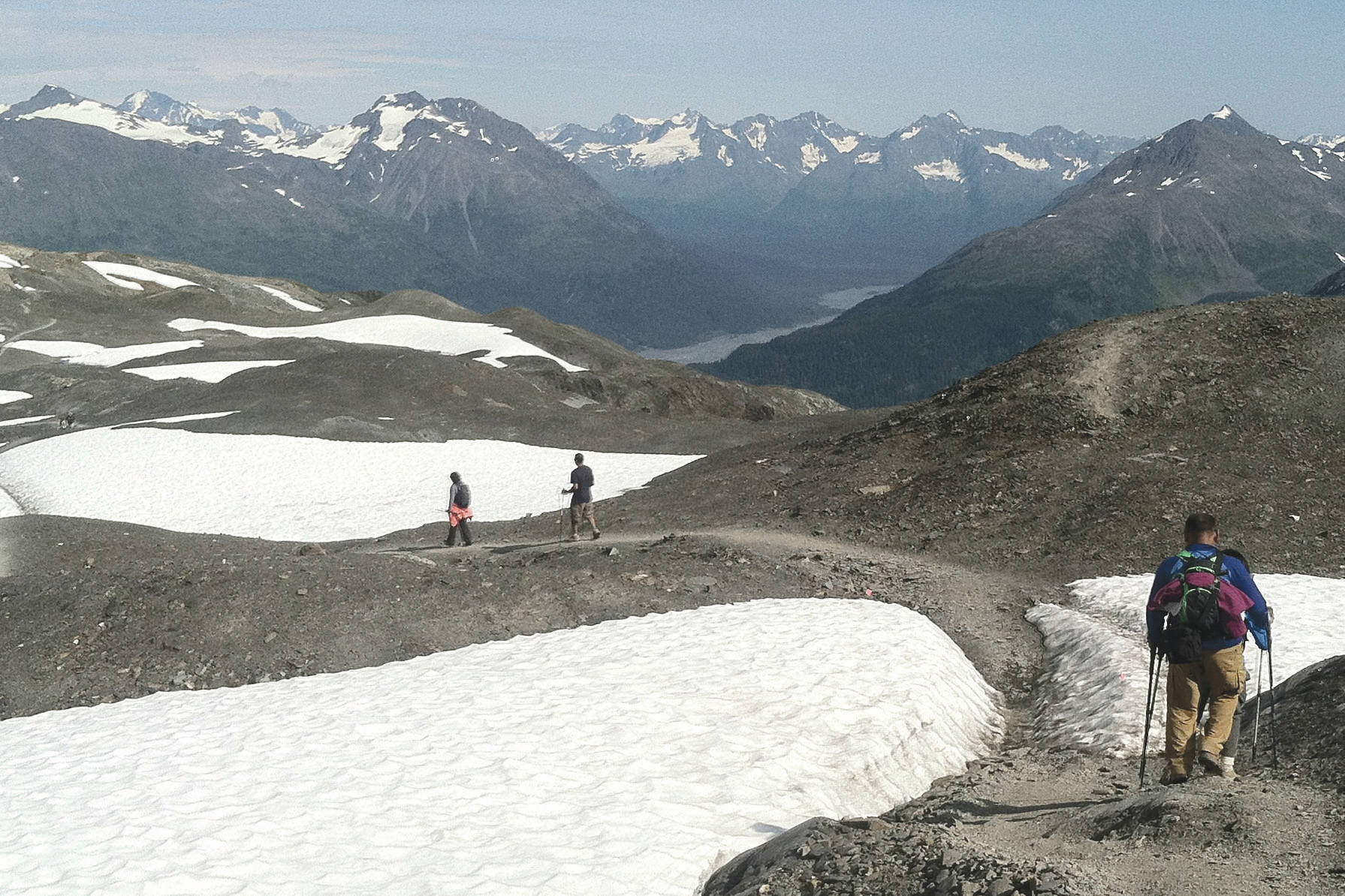 Hikers negotiate the Harding Icefield Trail in August 2015 in Kenai Fjords National Park just outside of Seward, Alaska. (Photo by Jeff Helminiak/Peninsula Clarion)