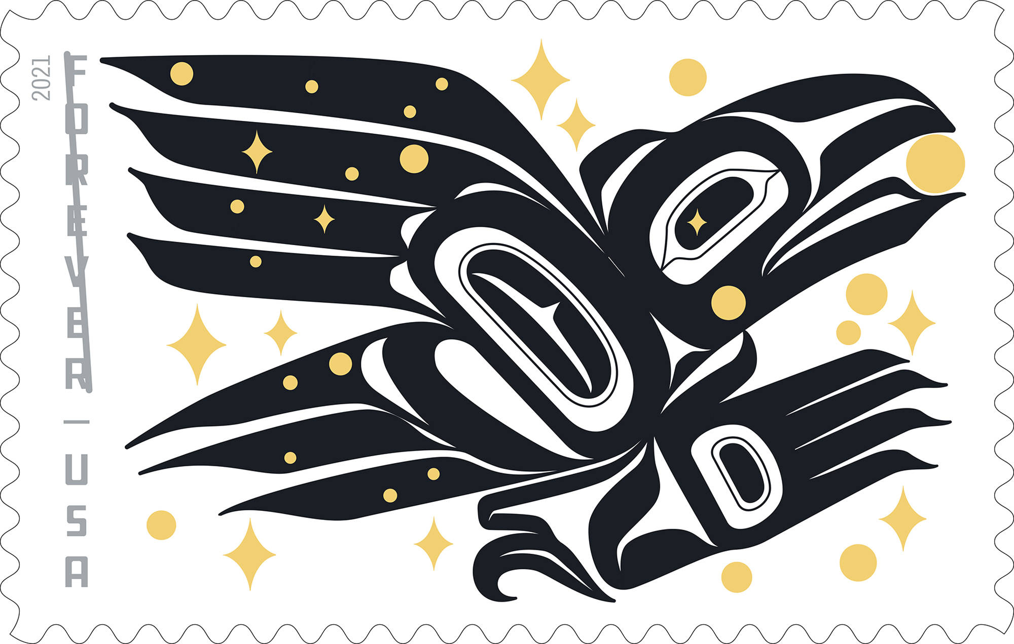In this image provided by the United States Postal Service is the new Raven Story postage stamp created by Rico Worl. Alaska Native artist Rico Worl says he was excited for the chance to create for the U.S. Postal Service a stamp that he hopes will be a gateway for people to learn about his Tlingit culture. A ceremony marking the release of Worl’s Raven Story stamp is set for Friday, July 30, 2021, in Juneau, Alaska. The Sealaska Heritage Institute says this is the first stamp by a Tlingit artist. (USPS via AP)