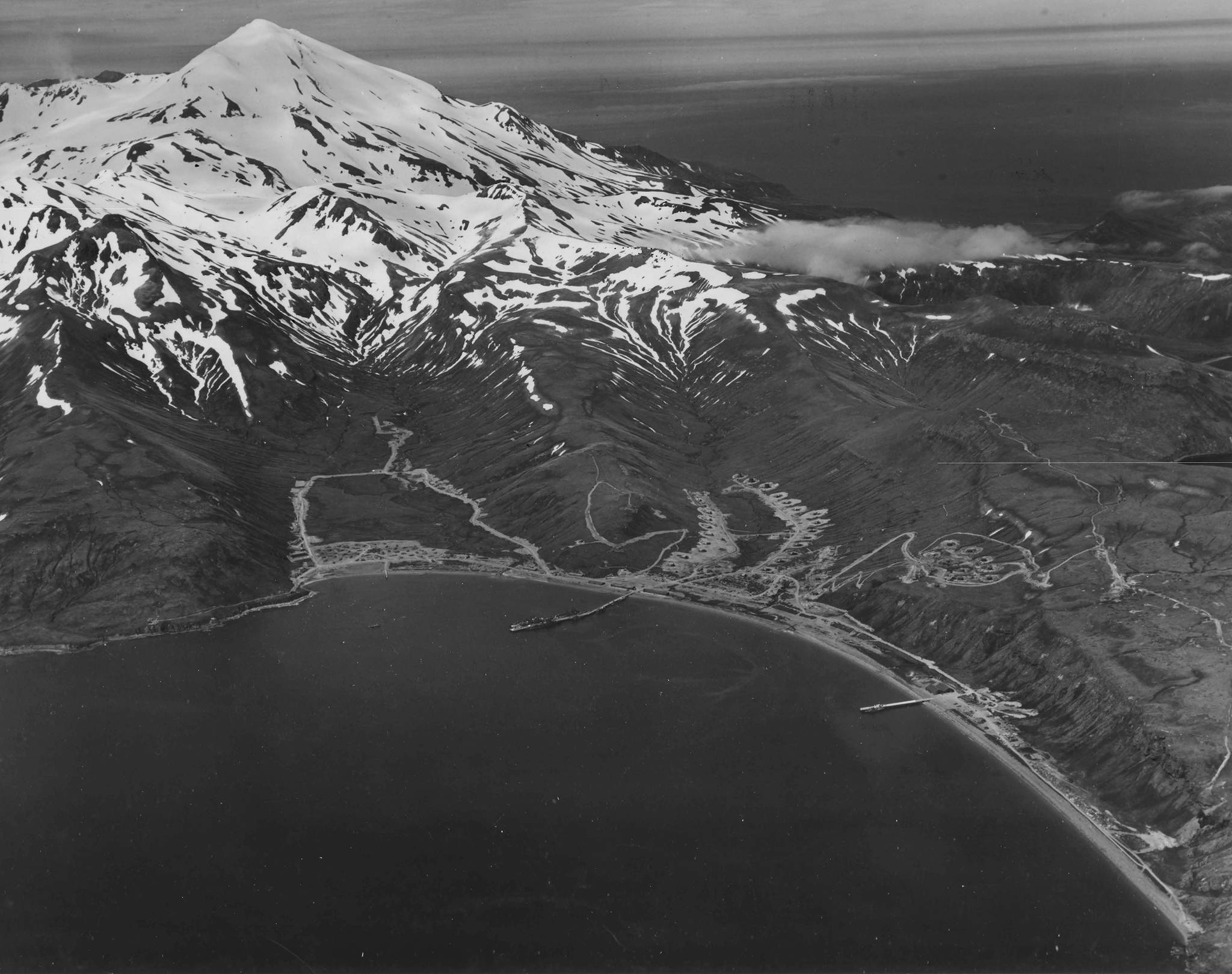 Sand Bay Naval Station on Great Sitkin Island was a hub for Navy vessels and aircraft during World War II. (U.S. Army Corps of Engineers)