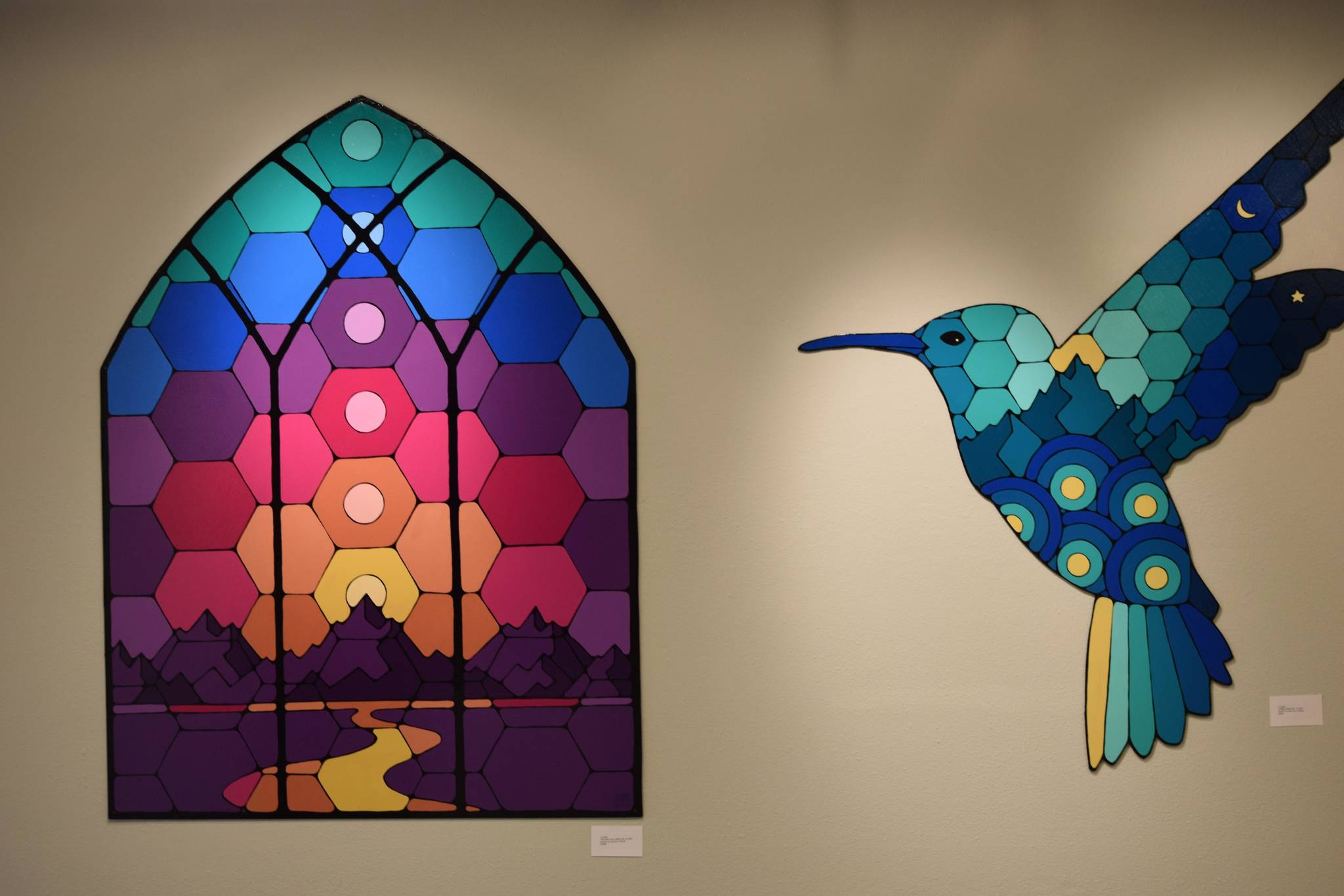 Pieces are on display at the Kenai Art Center on August 4,2021 for this month's "Illuminations" exhibition. (Camille Botello / Peninsula Clarion)
