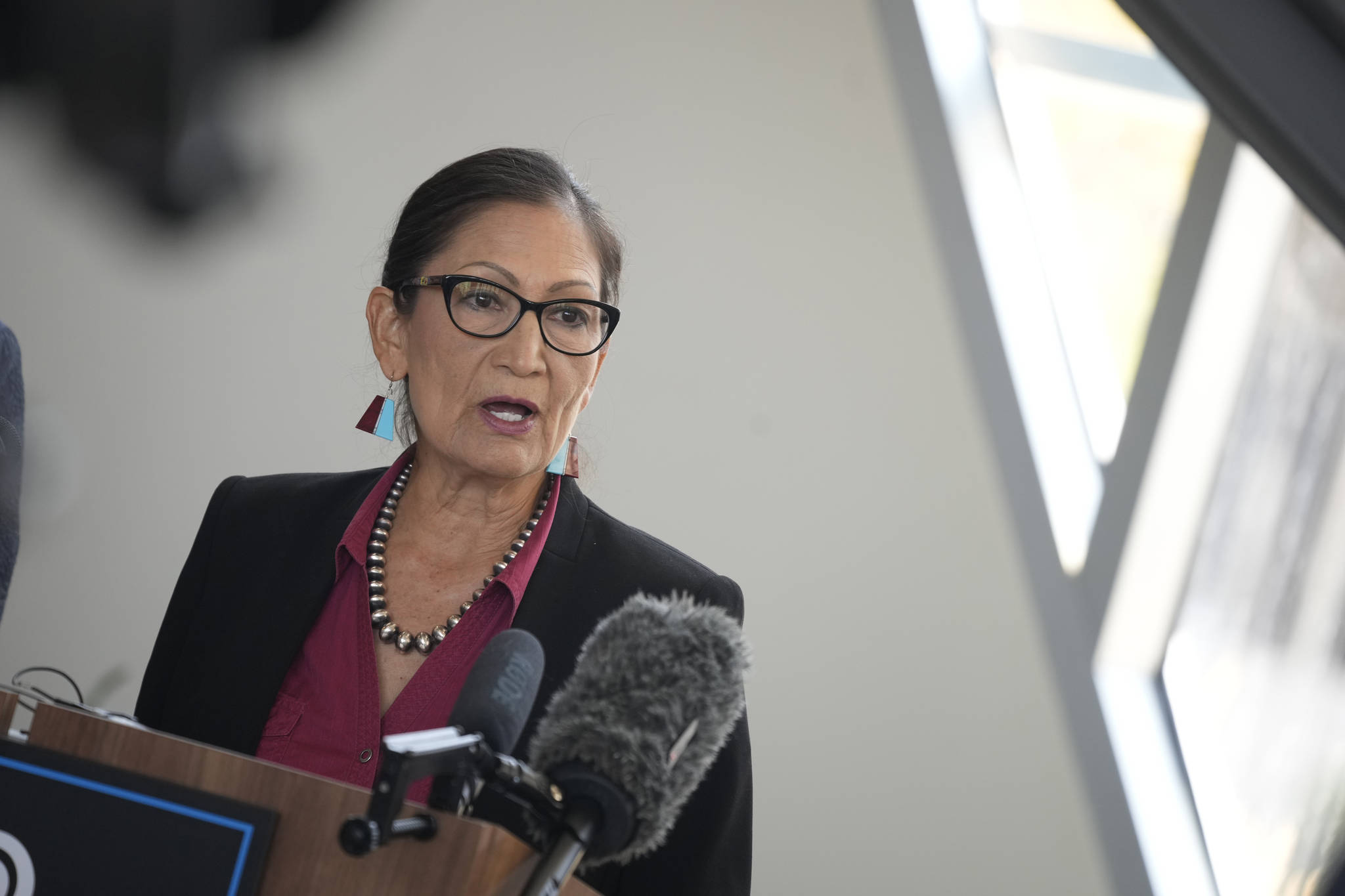 Interior Secretary Deb Haaland, speaks during a news conference at the offices of Denver Water Thursday, July 22, 2021, in Denver. (AP Photo/David Zalubowski)