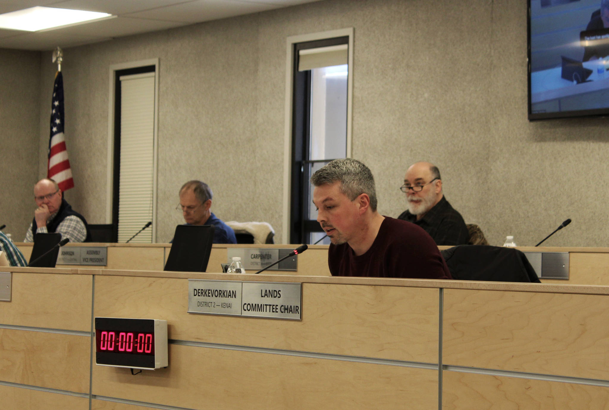 Richard Derkevorkian speaks at a borough and district work session on Tuesday, March 2 in Soldotna, Alaska. (Ashlyn O’Hara/Peninsula Clarion)