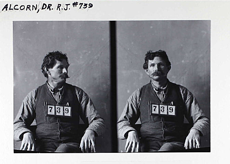Photos from Ancestry.com 
In January 1900, when Dr. R. J. Alcorn began serving a sentence for manslaughter, he posed for these mug shots as Convict #739.