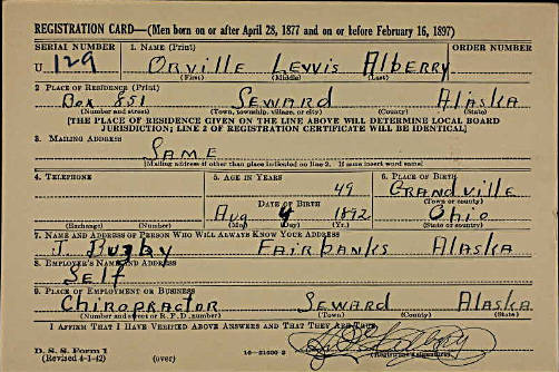 Document from Ancestry.com 
Orville Lewis Albery was a 49-year-old chiropractor in Seward when he supplied the information for this draft card. Although Albery signed the card, the official who filled out the remainder misspelled Albery’s name.