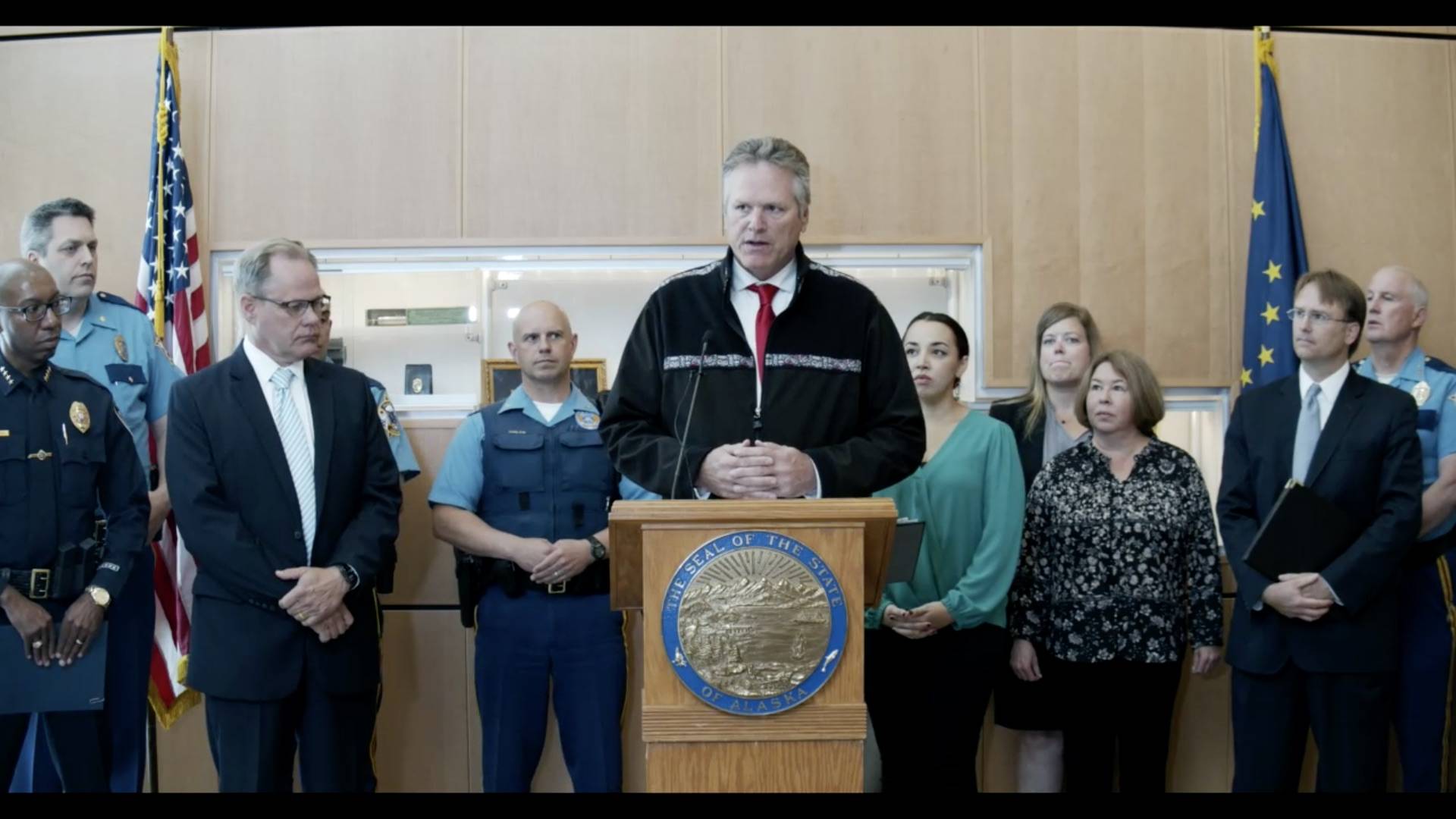 Gov. Mike Dunleavy outlines new measures the state will undertake to tackle sexual assault during a press conference streamed live from the Alaska Department of Public Safety Crime Lab in Anchorage on Tuesday. (Screenshot)