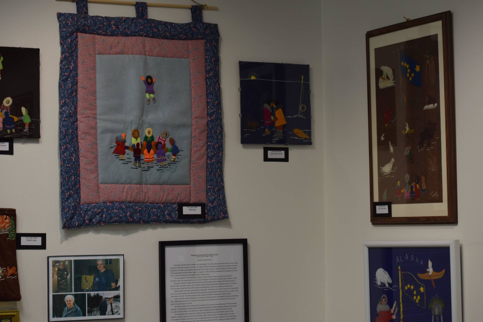 Ruth Ost Towner’s felt expression art hangs on display at the Soldotna Visitor Center on Tuesday, Aug. 10, 2021. (Camille Botello/Peninsula Clarion)