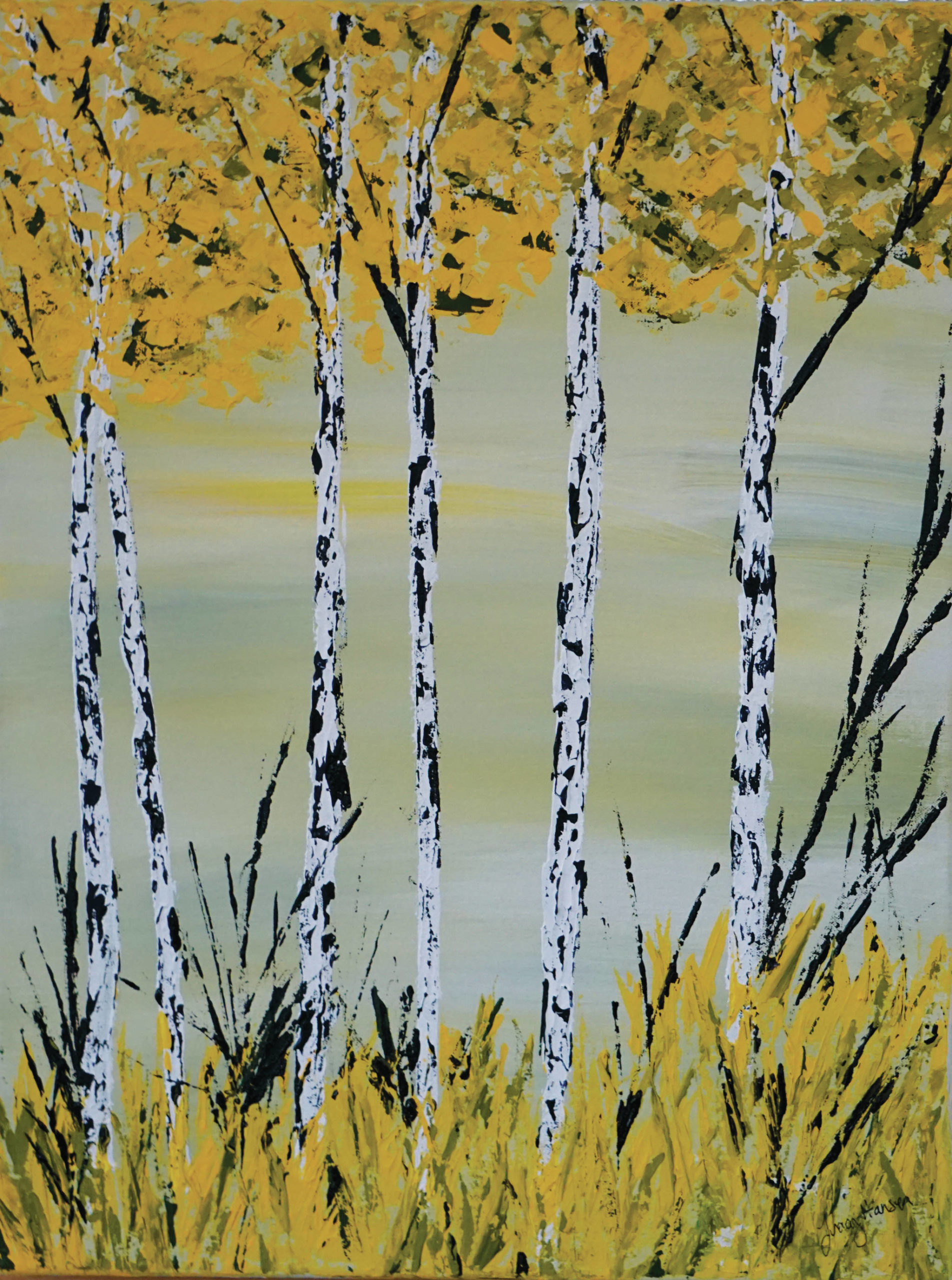 Tracy Hansen’s painting, “Yellow Birch,” is part of her exhibit showing at Grace Ridge Brewing in Homer, Alaska. (Photo by Michael Armstrong/Homer News)