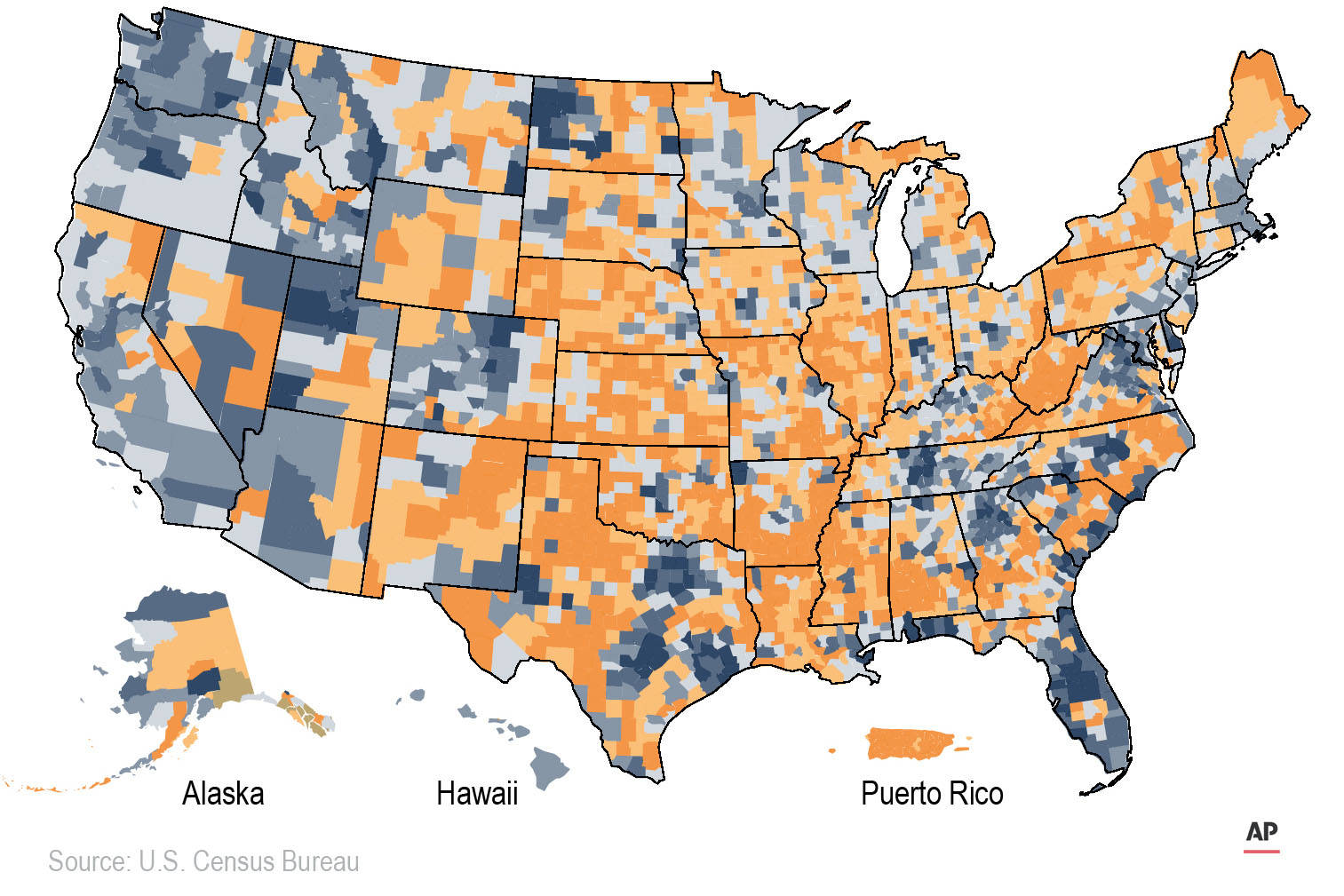 A county map of the United States and Puerto Rico shows percentage change in population 2010 to 2020. (Associated Press)