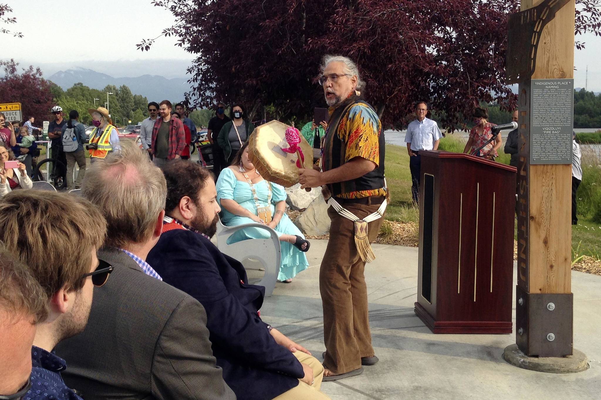 Joaqlin Estus / Indian Country Today
Athabascan singer and storyteller George Holly performs at the unveiling of a place-name marker at Chanshtnu, or “grassy creek,” the Dena’ina Athabascan name for Westchester Lagoon, on Aug. 3 in Anchorage.
