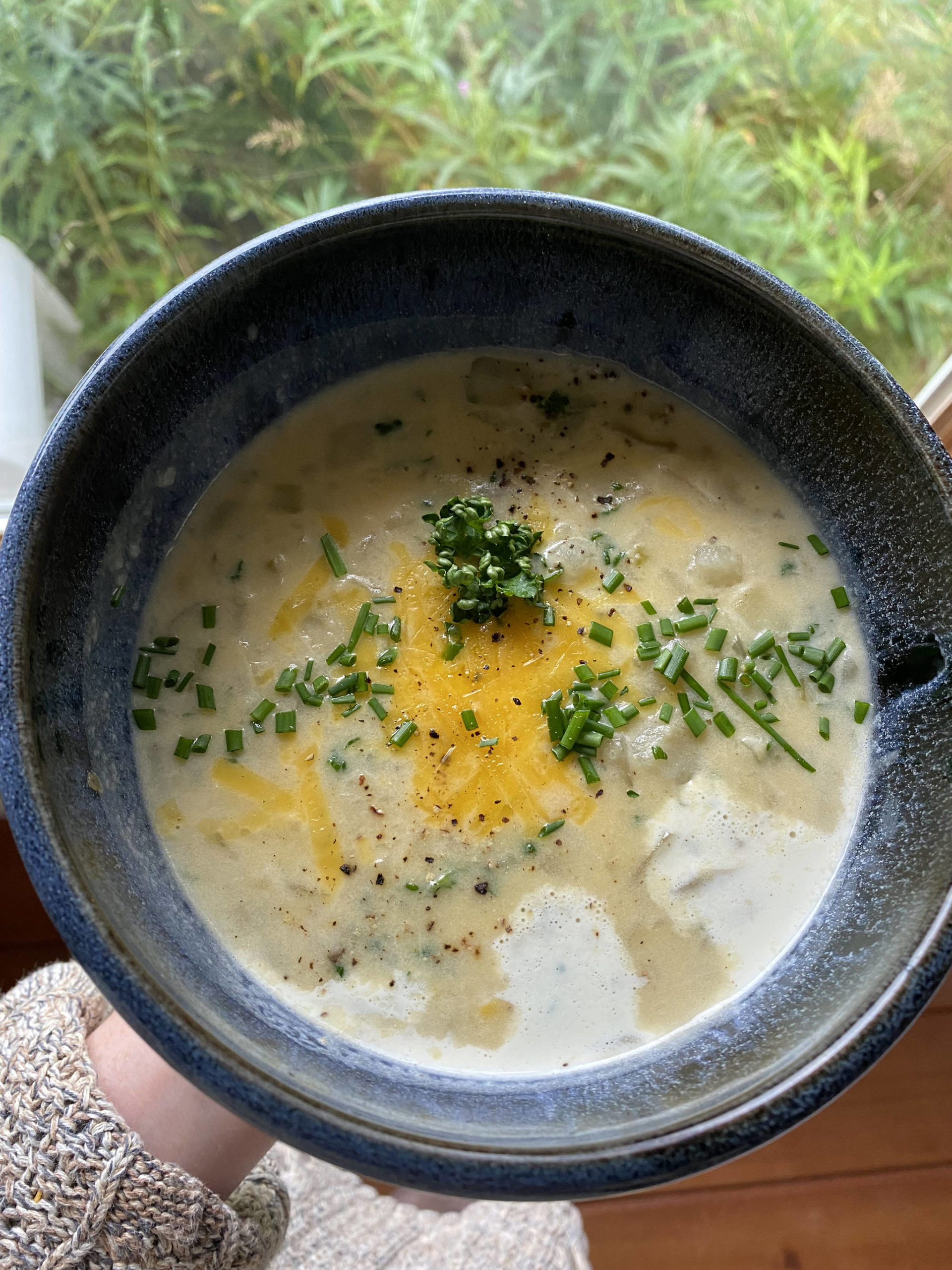 This potato corn chowder takes 10 minutes to prepare and can be customized with different toppings to satisfy everyone at the table. (Photo by Tressa Dale/Peninsula Clarion)