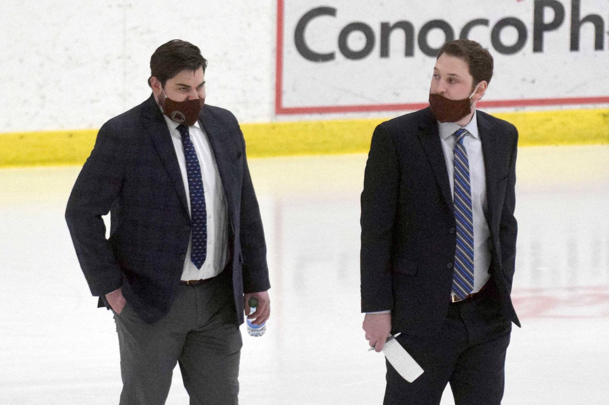 Former Kenai River Brown Bears head coach Kevin Murdock and new head coach Josh Dubinsky take to the ice Friday, April 23, 2021, against the Chippewa (Wisconsin) Steel at the Soldotna Regional Sports Complex in Soldotna, Alaska. (Photo by Jeff Helminiak/Peninsula Clarion)