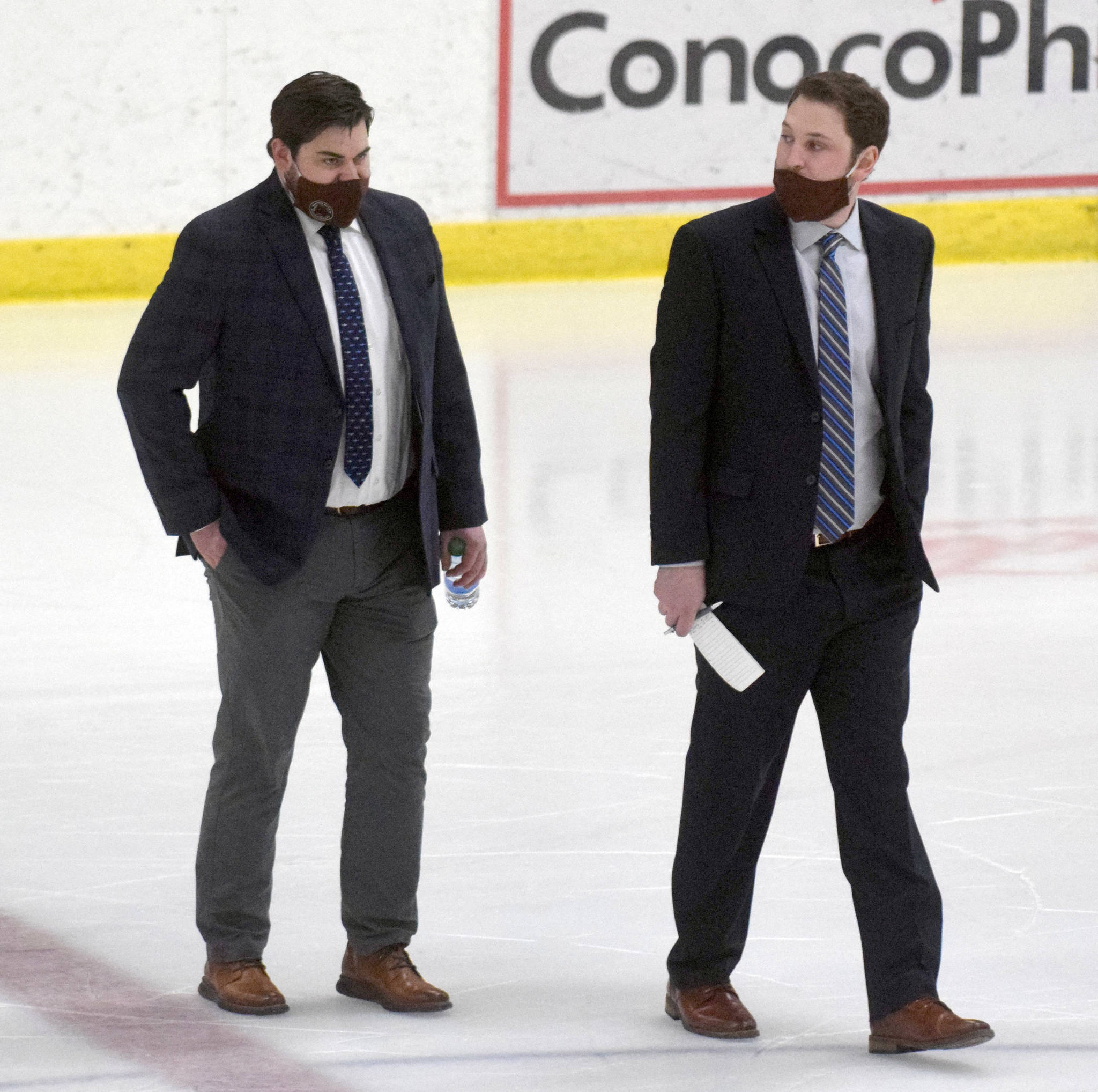 Former Kenai River Brown Bears head coach Kevin Murdock and new head coach Josh Dubinsky take to the ice Friday, April 23, 2021, against the Chippewa (Wisconsin) Steel at the Soldotna Regional Sports Complex in Soldotna, Alaska. (Photo by Jeff Helminiak/Peninsula Clarion)