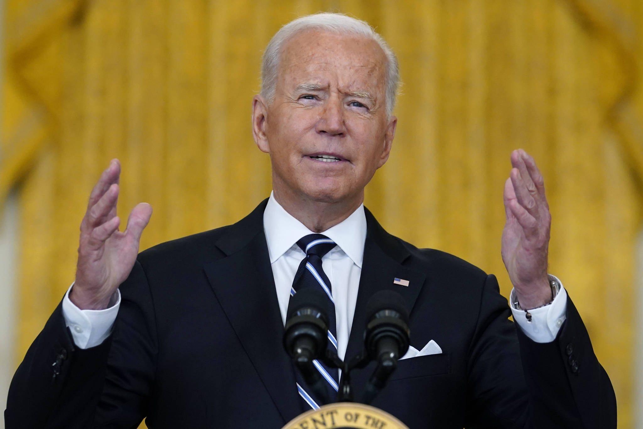 President Joe Biden speaks from the East Room of the White House in Washington, Wednesday, Aug 18, 2021, on the COVID-19 response and vaccination program. U.S. health officials Wednesday announced plans to offer COVID-19 booster shots to all Americans to shore up their protection amid the surging delta variant and signs that the vaccines’ effectiveness is falling. (AP Photo/Susan Walsh)