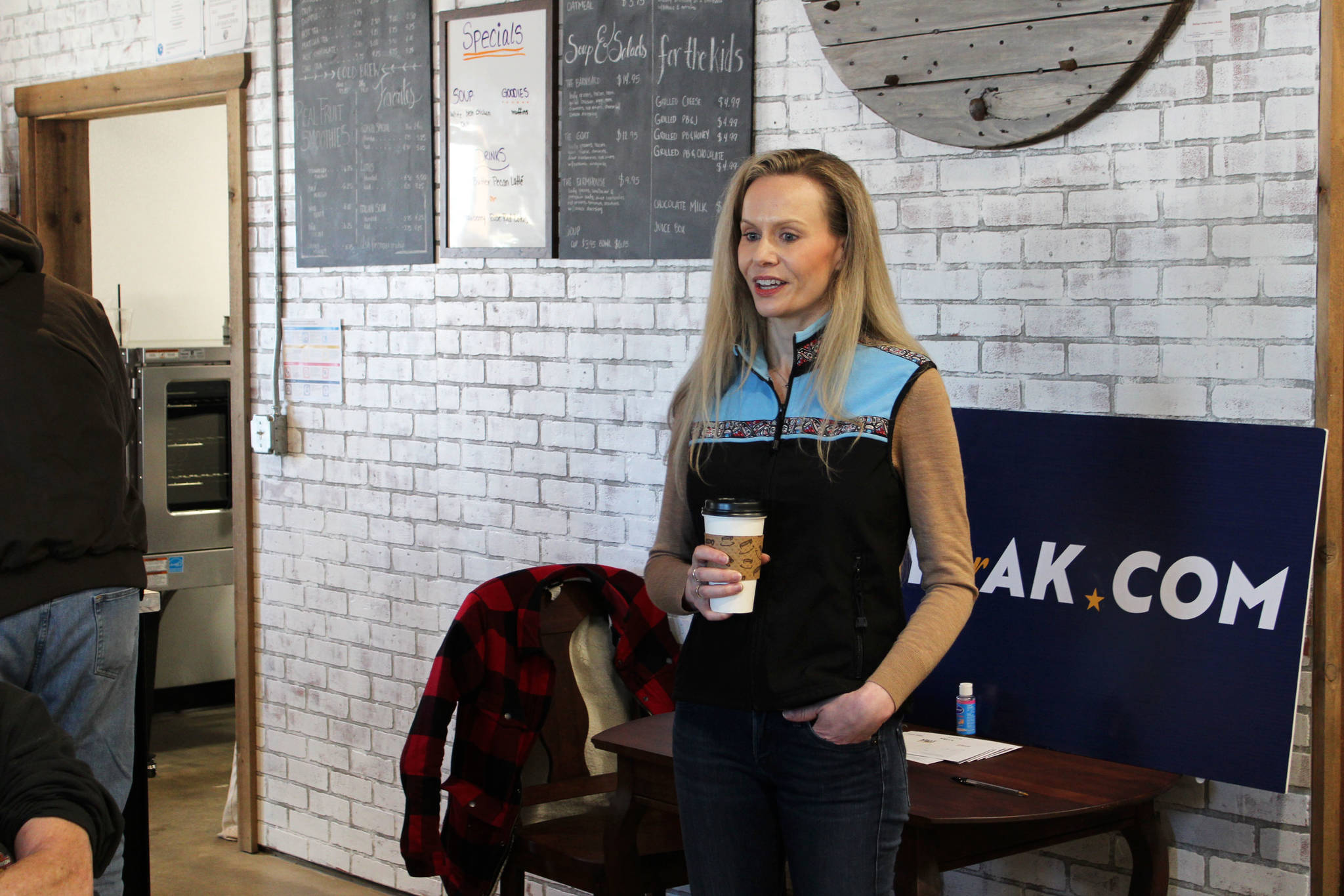 Kelly Tshibaka addresses members of the community at Nikiski Hardware & Supply on Friday, April 9, 2021 in Nikiski, Alaska. (Ashlyn O’Hara/Peninsula Clarion)