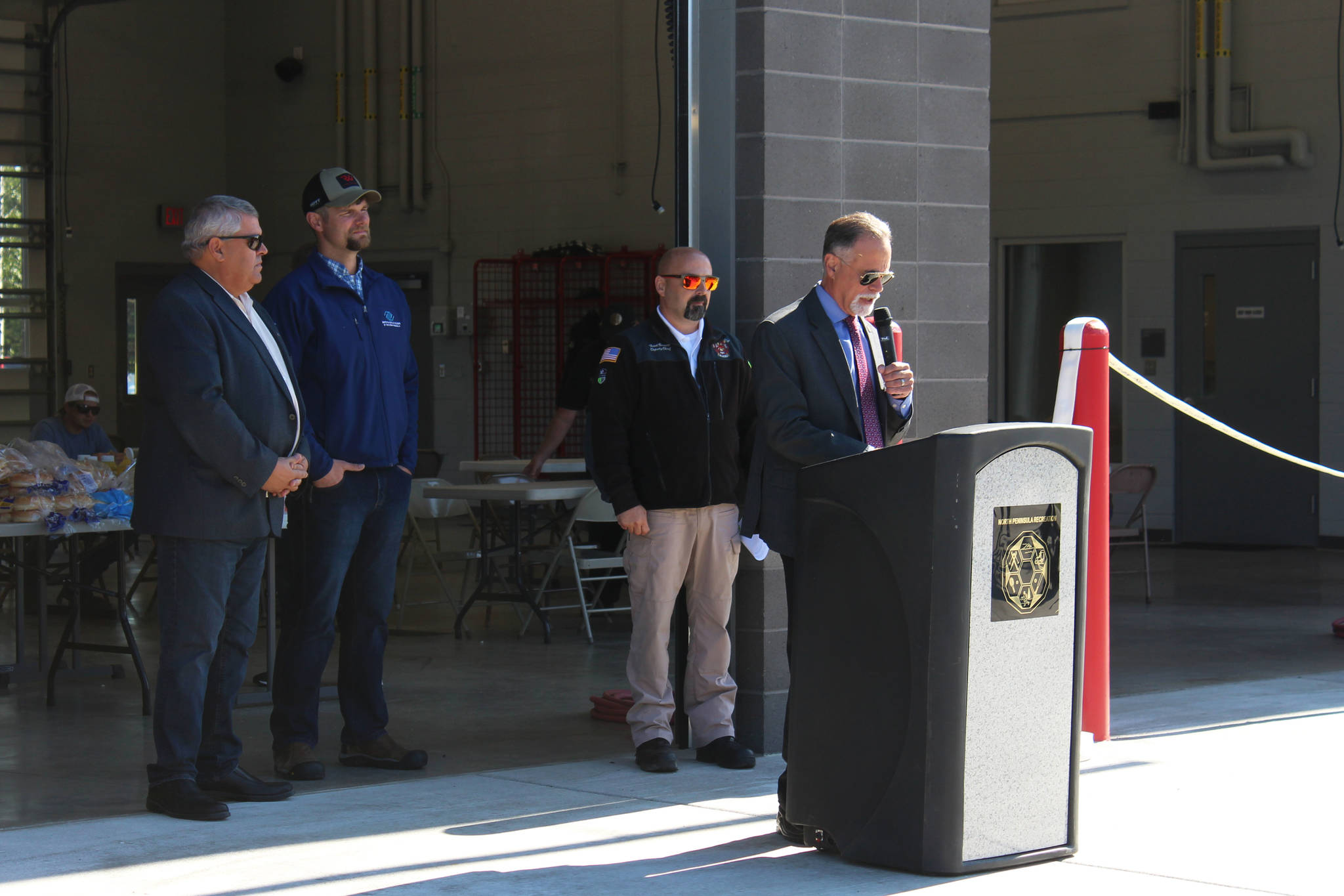 State Sen. Peter Micciche speaks at a ribbon-cutting ceremony at Nikiski Fire Station 3 on Friday, Aug. 20, 2021 in Nikiski, Alaska. (Ashlyn O’Hara/Peninsula Clarion)