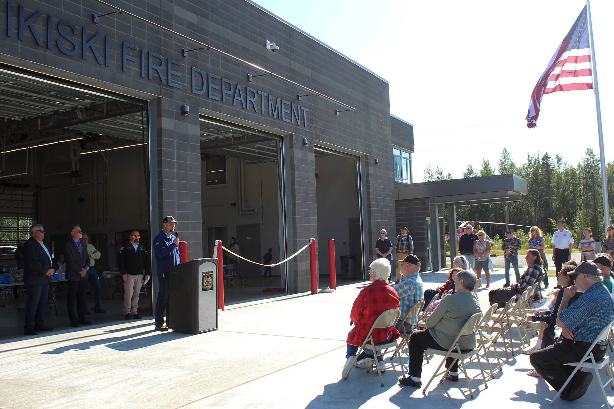 Jesse Bjorkman speaks at a ribbon-cutting ceremony at Nikiski Fire Station 3 on Friday, Aug. 20, 2021 in Nikiski, Alaska. (Ashlyn O’Hara/Peninsula Clarion)