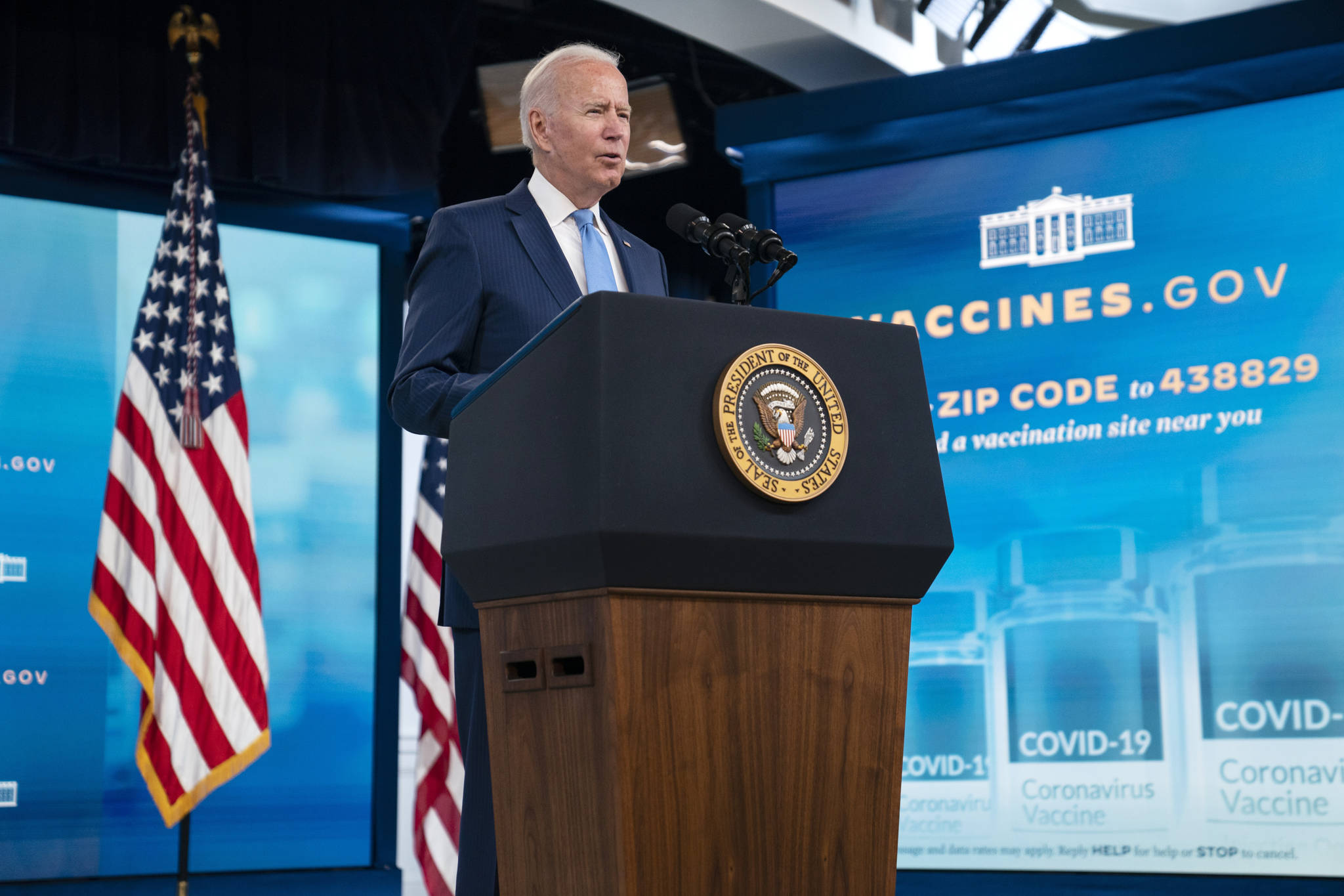 President Joe Biden delivers remarks on the full FDA approval of the Pfizer-BioNTech coronavirus vaccine, in the South Court Auditorium on the White House campus, Monday, Aug. 23, 2021, in Washington. (AP Photo/Evan Vucci)