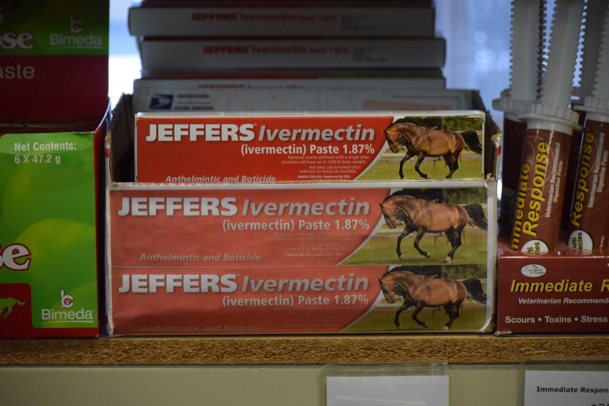 Horse ivermectin paste is for sale at Kenai Feed and Supply on Tuesday, Aug. 24, 2021. (Camille Botello/Peninsula Clarion)