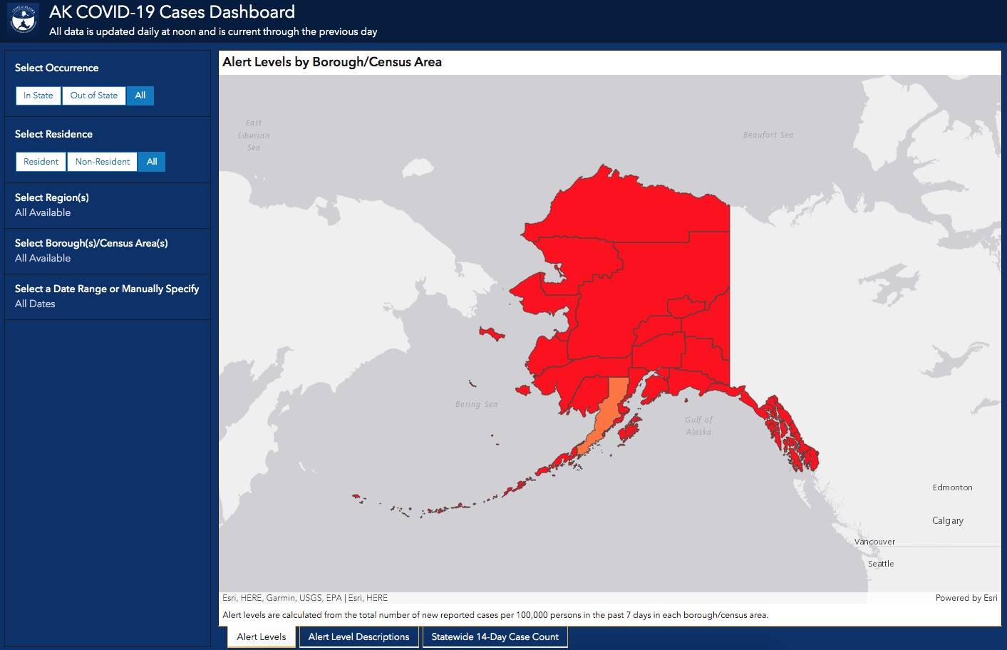 Most regions in Alaska were at “high” COVID-19 risk level on Thursday. (Screenshot via DHSS)