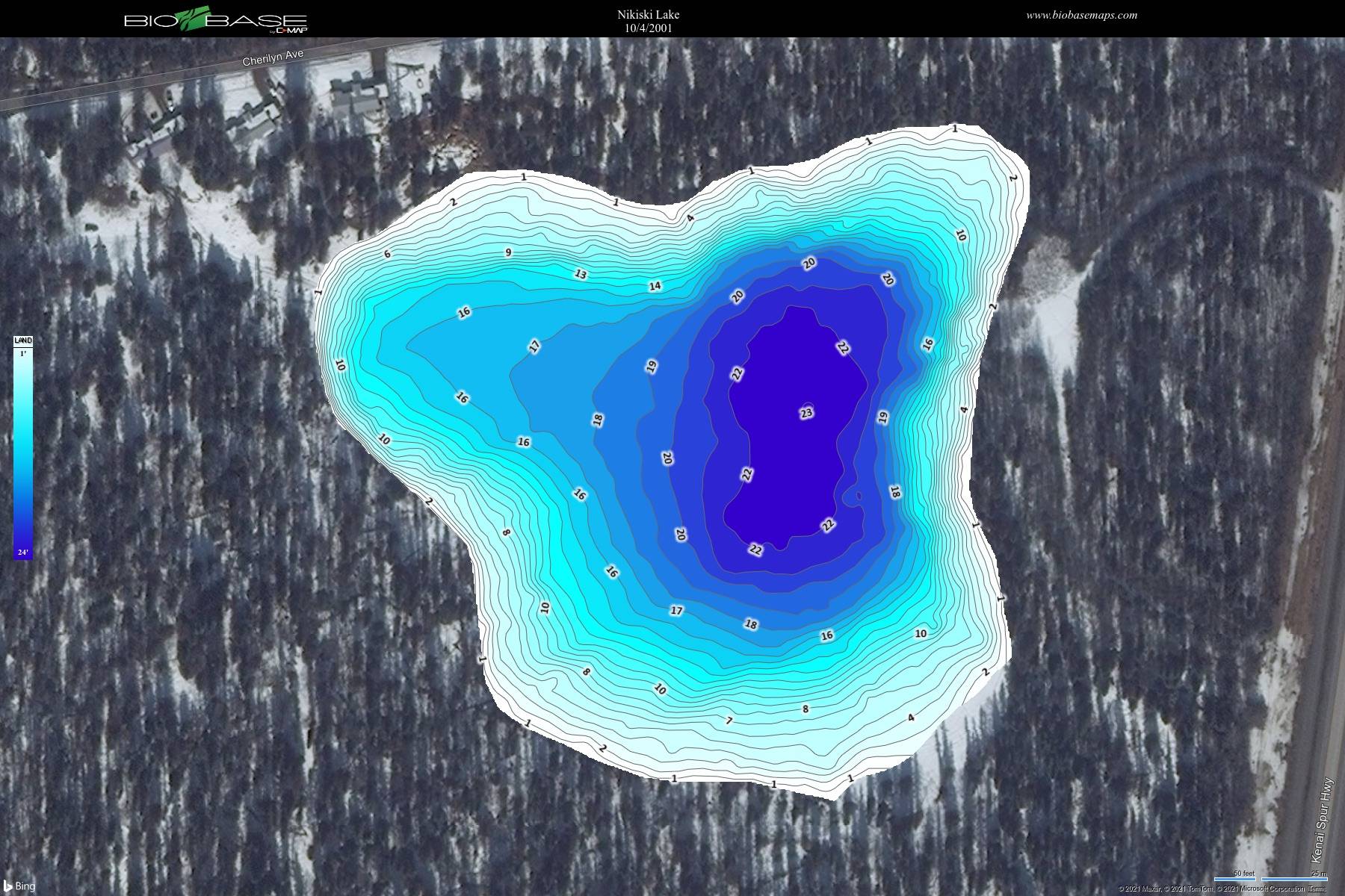 A bathymetric map shows the depth of John Hedberg Lake in Nikiski. (Photo from Alaska Lake Database)