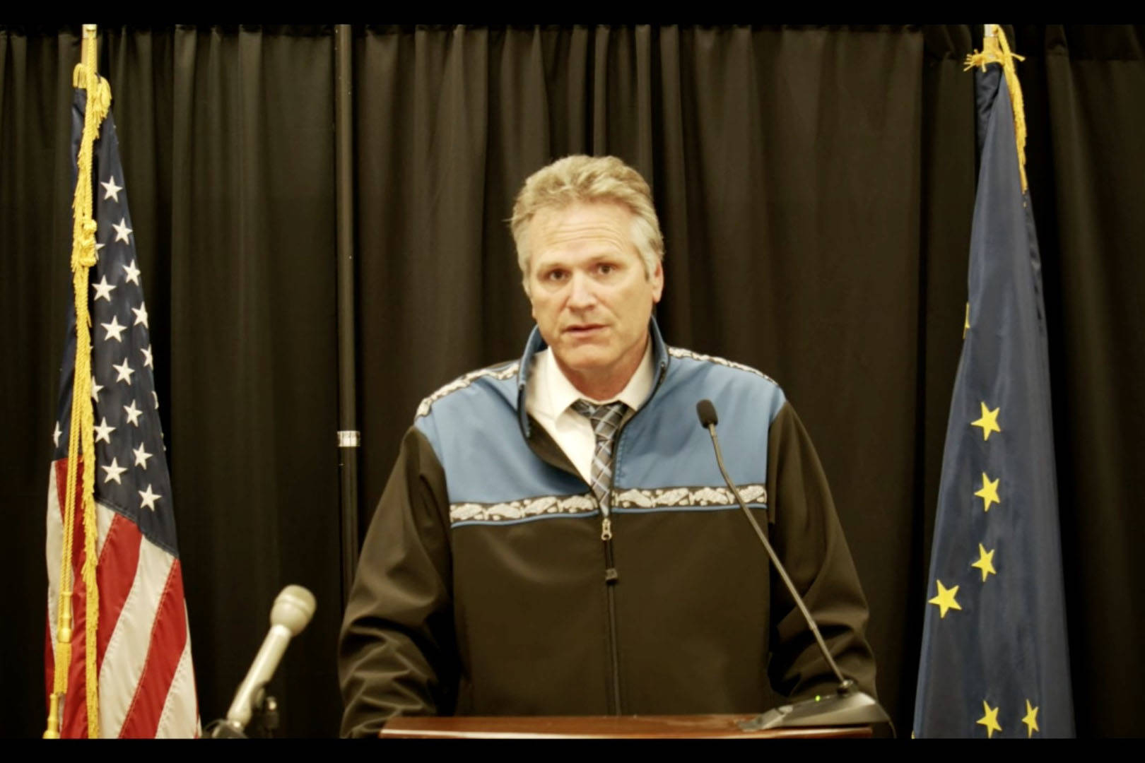 Gov. Mike Dunleavy speaks at a press conference about the COVID-19 pandemic on Thursday, Aug. 26, 2021 from Anchorage, Alaska. (Ashlyn O’Hara/Peninsula Clarion)