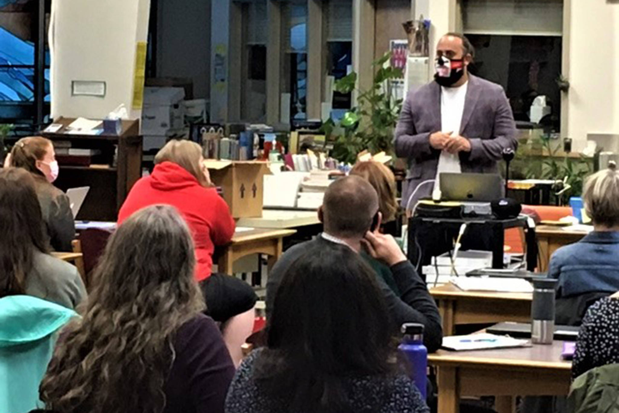 Dominique Smith, principal at Health Sciences High and Middle College, a charter school in San Diego, conducts a training session on building relationships, equity and school-based restorative practices for Juneau’s teachers, principals, and other certified staff members on Aug. 12. (Courtesy Photo/Kristin Bartlett, Juneau School District)