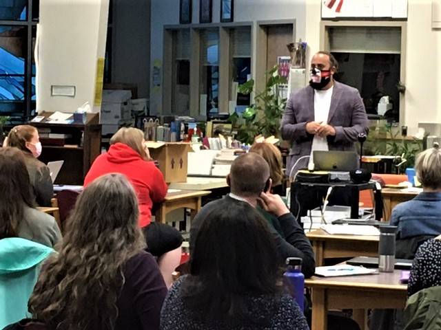 Dominique Smith, principal at Health Sciences High and Middle College, a charter school in San Diego, conducts a training session on building relationships, equity and school-based restorative practices for Juneau’s teachers, principals, and other certified staff members on Aug. 12. (Courtesy Photo/Kristin Bartlett, Juneau School District)