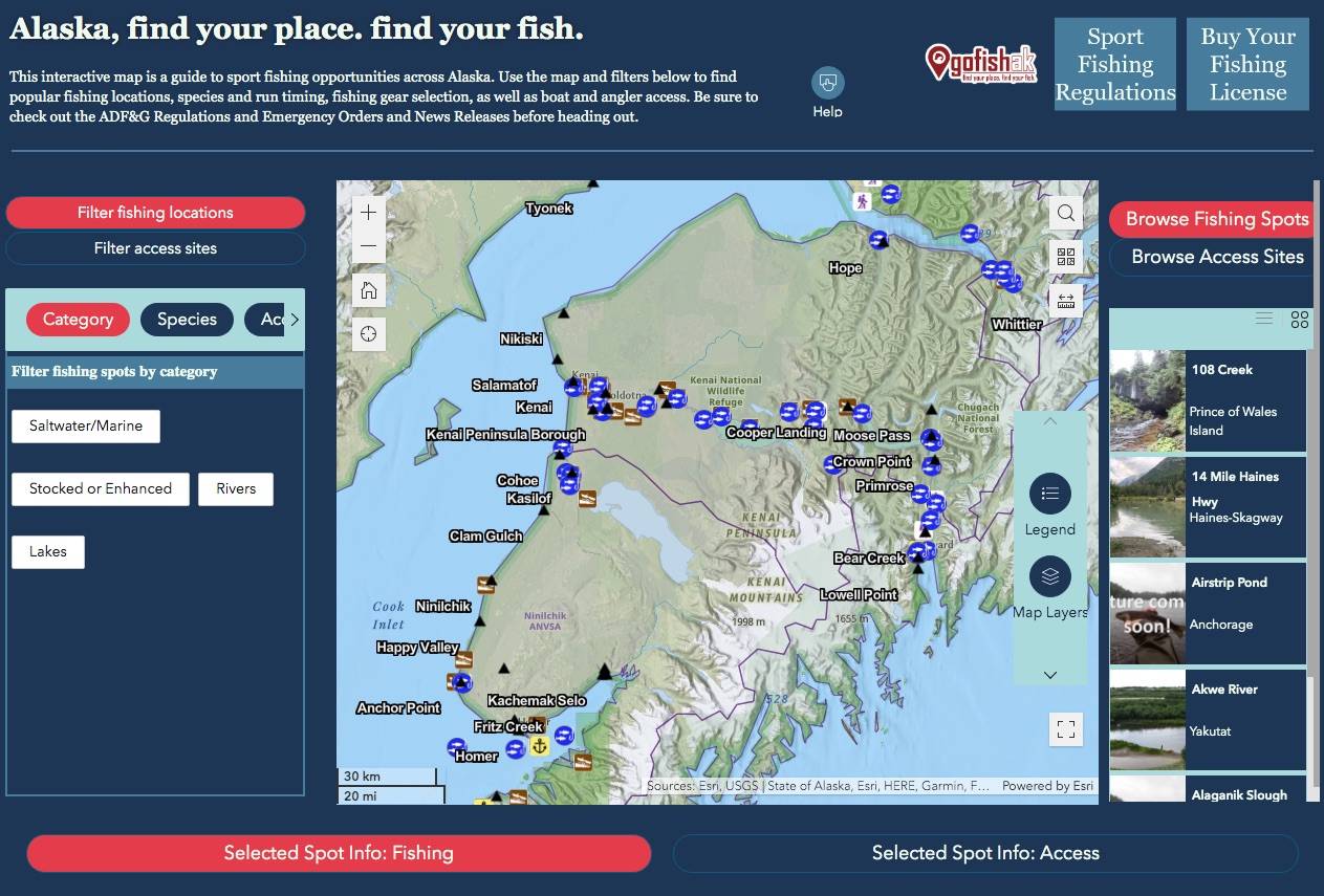 The "gofishak" application, zoomed in to the Kenai Peninsula. (Screenshot)