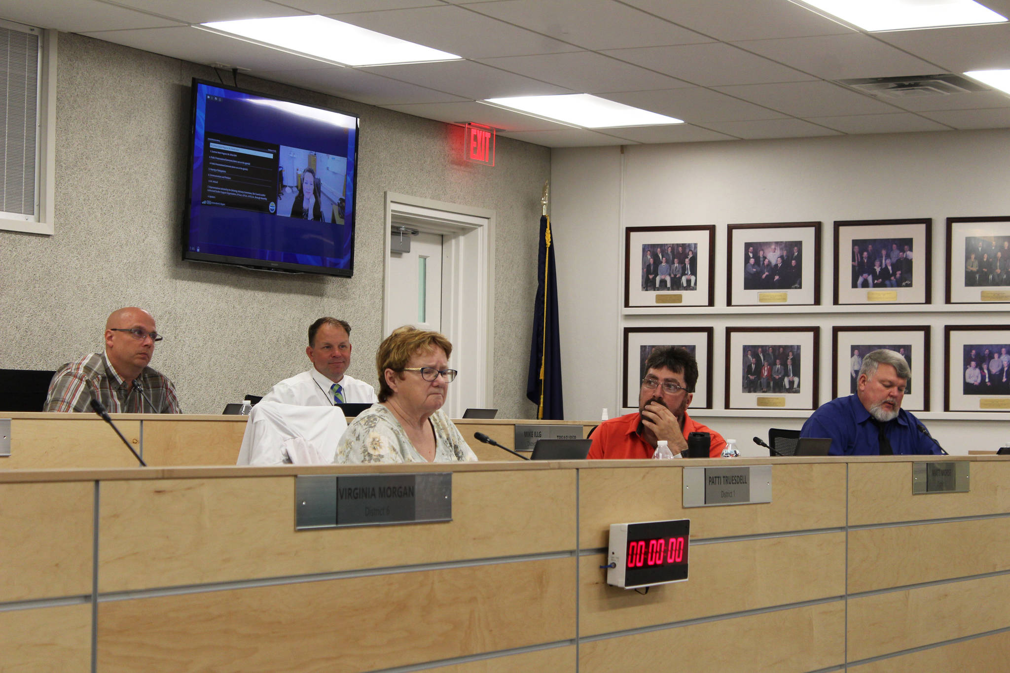 Members of the Kenai Peninsula Borough School District Board of Education attend a meeting on Monday, July 12, 2021 in Soldotna, Alaska. (Ashlyn O’Hara/Peninsula Clarion)