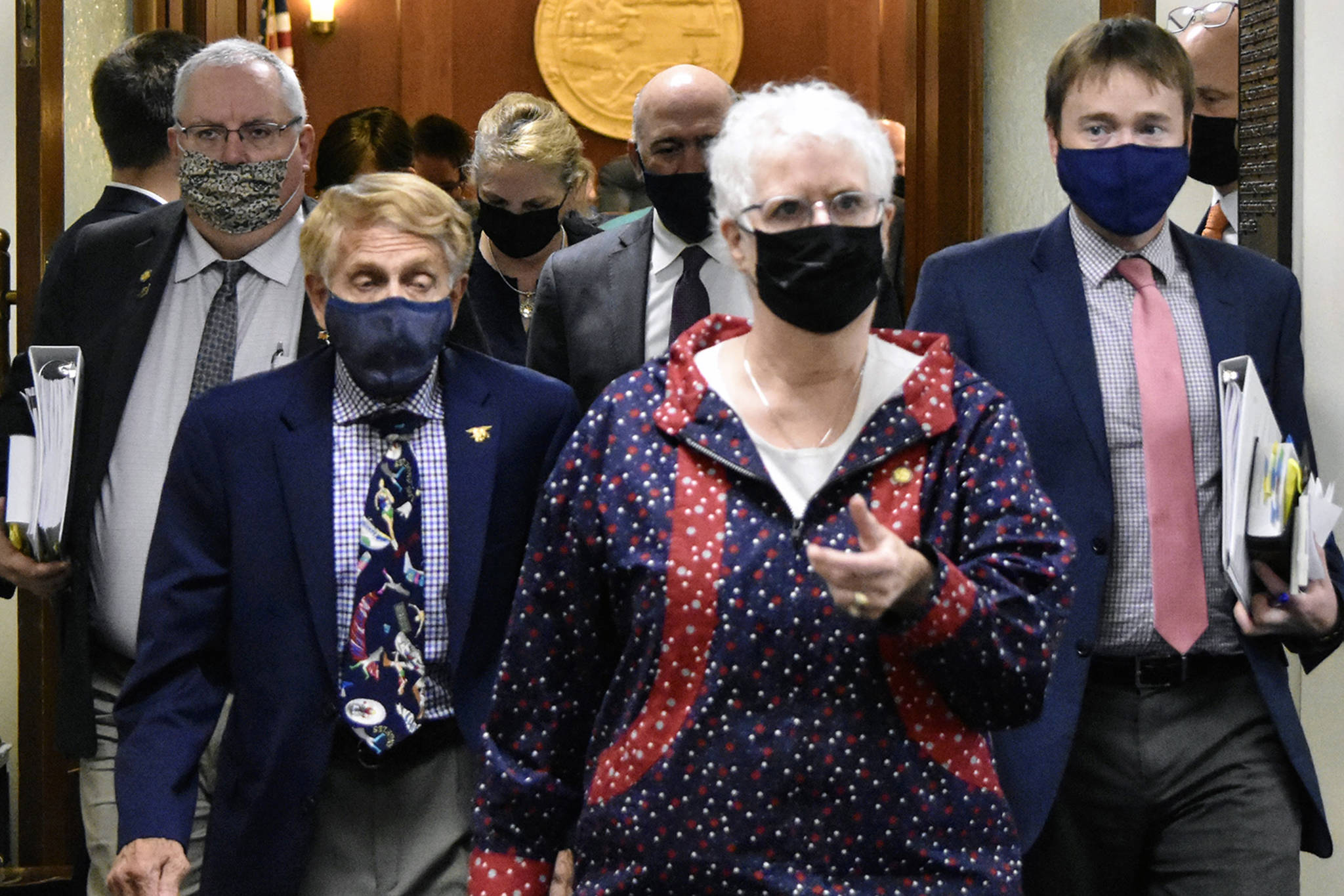 Peter Segall / Juneau Empire
House Speaker Louise Stutes, R-Kodiak, center, leaves the House chambers on Tuesday, Aug. 31, 2021 following marathon floor sessions that morning and Monday night. The House passed an appropriations bill but not before members of the minority voiced deep objections.